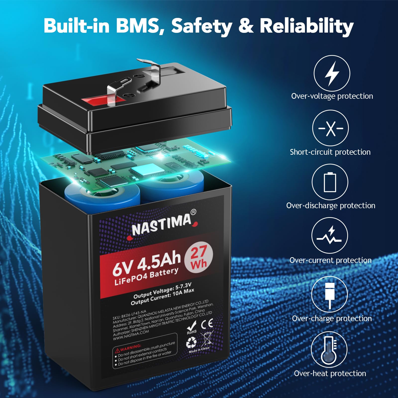 NASTIMA Batteria Ricaricabile 6V 4,5Ah LiFePO4 con Protezione BMS e Ciclo Profondo 2000, Telecamere di Sorveglianza, Macchinine per Bambini, Barche a Motore, Campeggio, Pannelli Solari