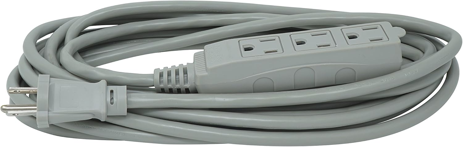 Woods Light Duty Extension Cord, 20Ft, 16 Gauge, 3 Conductor, 3 Outlet Cord, SJTW, Gray, 2867