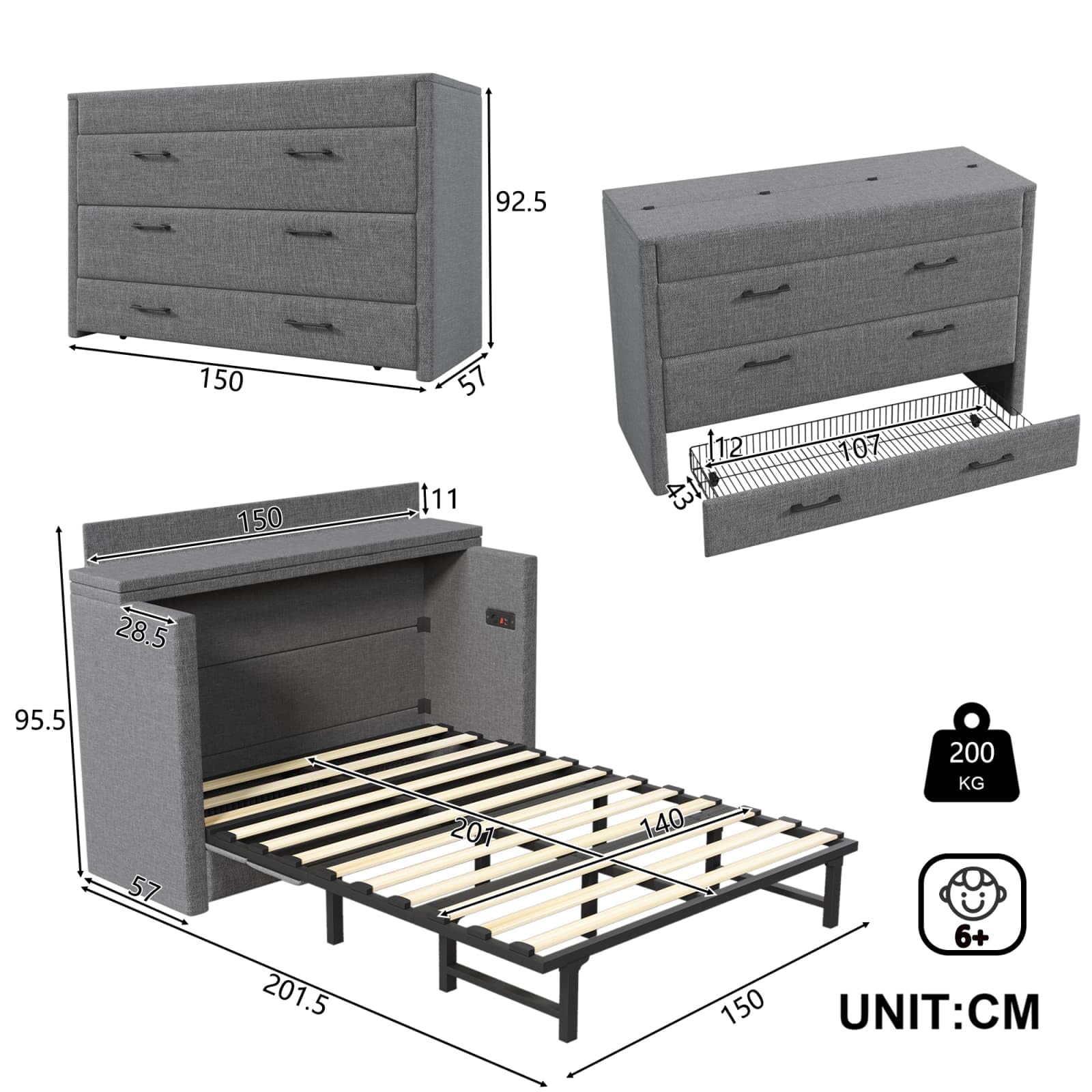 KOMHTOM Lit Escamotable en Lin avec Ports USB et Type-C, Lit Plateforme Convertible avec Tiroirs de Rangement(sans Matelas)(140 x 200 Gris)