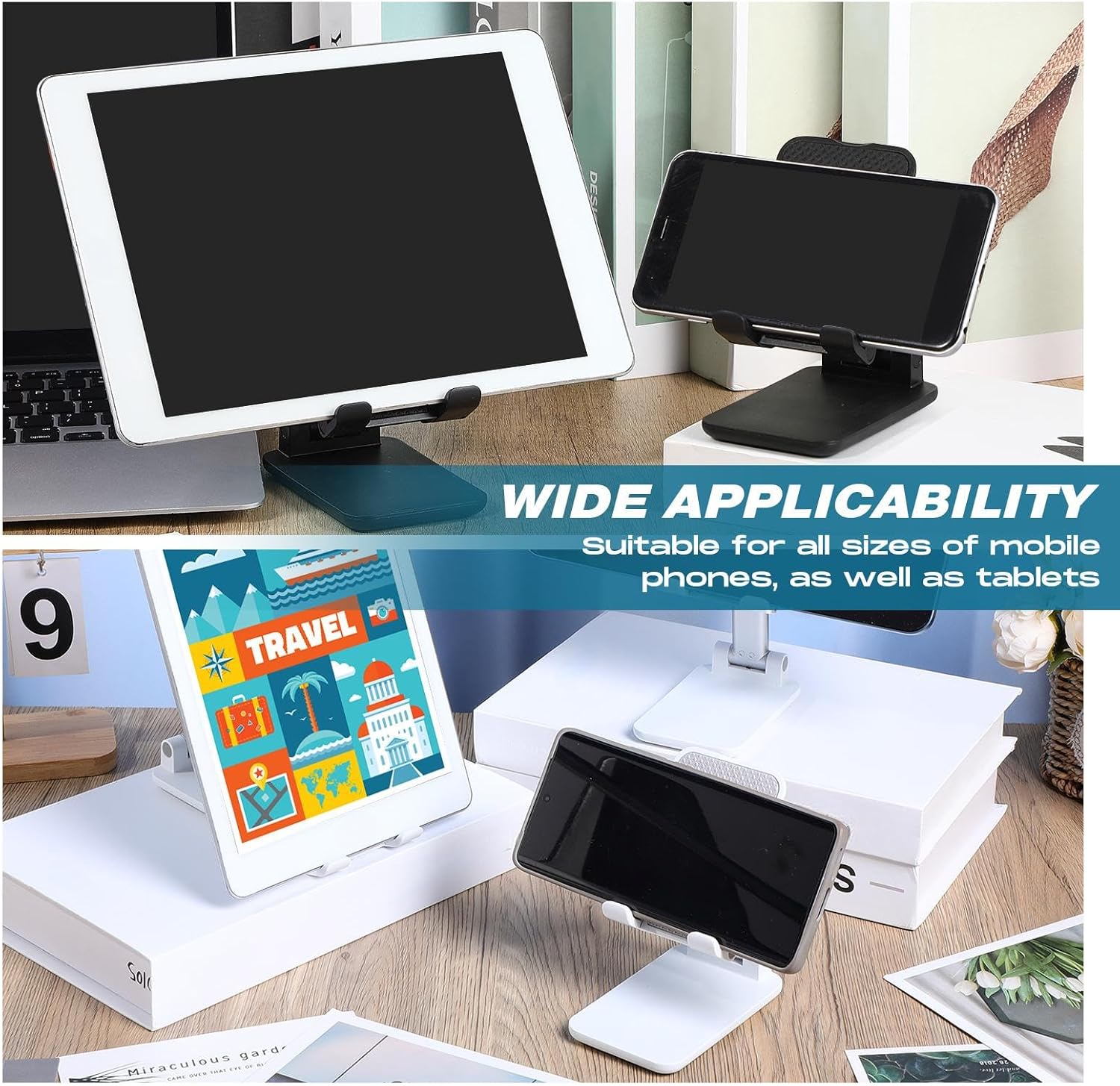 Wonderjune 12 Pcs Cell Phone Stand Desk Table Adjustable Angle Height Phone Stand Foldable Portable Mobile Holder Silicone Pad Smartphone Tablet Holder Bulk for Office Travel Filming (White,Black)
