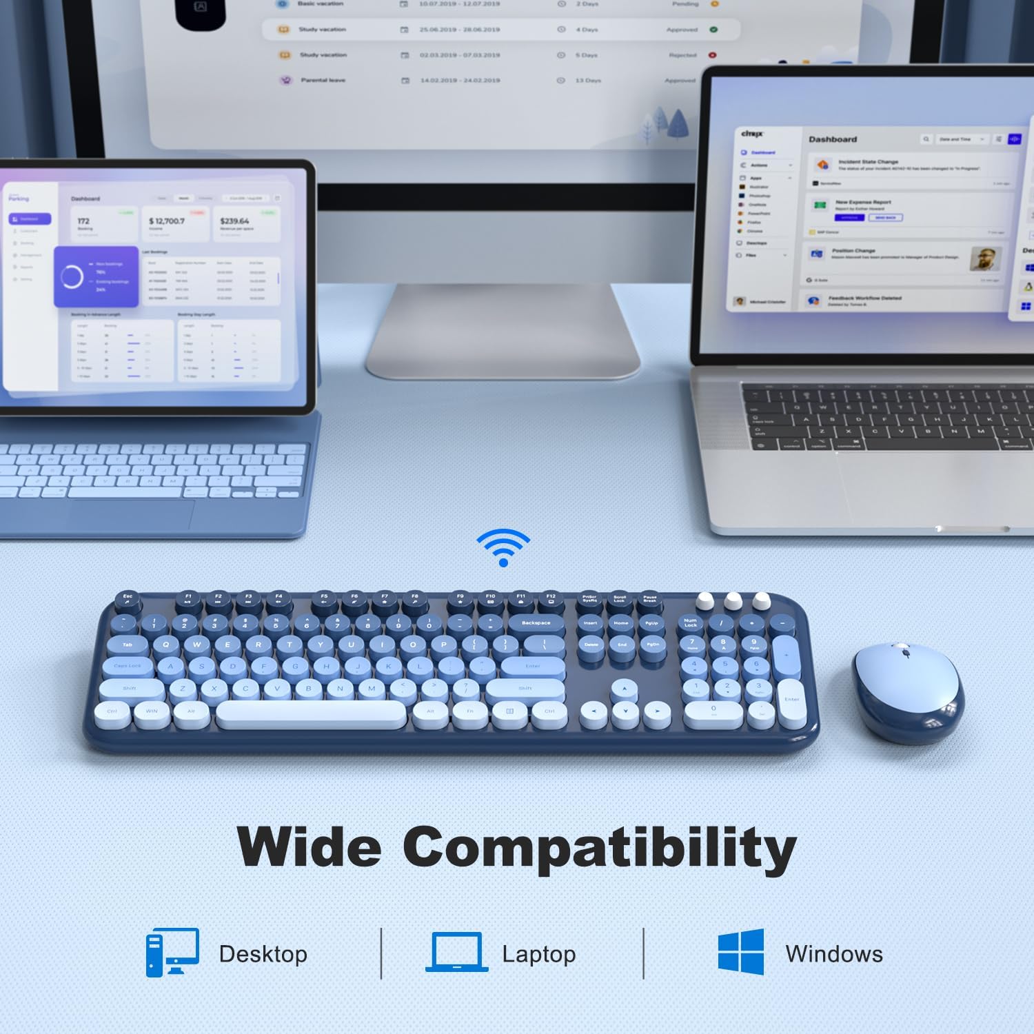 Atelus Wireless Keyboard and Mouse Combo, Typewriter Full Size Keyboard with Number Pad, Ergonomic Design for Windows PC Computer Laptop Desktop, Home and Office Use -Blue
