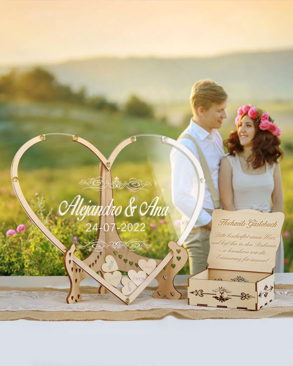 Herz Hochzeit Gästebuch Alternative aus Acryl & Holz - Personalisiert mit Gravur für 30-200 Gäste (13 Designs & 10 Schriftarten wählbar) (Stil 2, Herz)