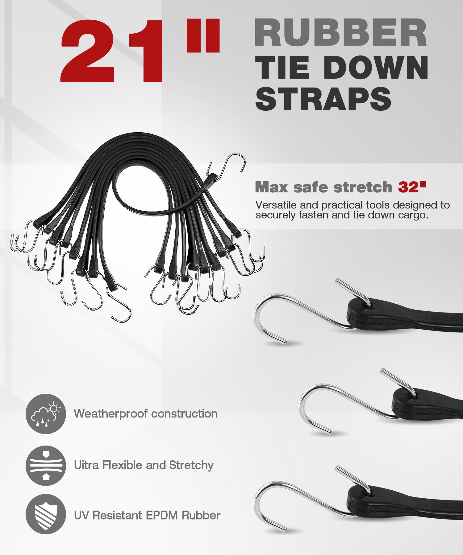 Lot de 10 tendeurs robustes de 53,3 cm avec crochets en S en métal, sangles de bâche d'extérieur EPDM pour sécuriser les cargaisons, bâches, toiles par tous les temps - Extensible max 1,5 x