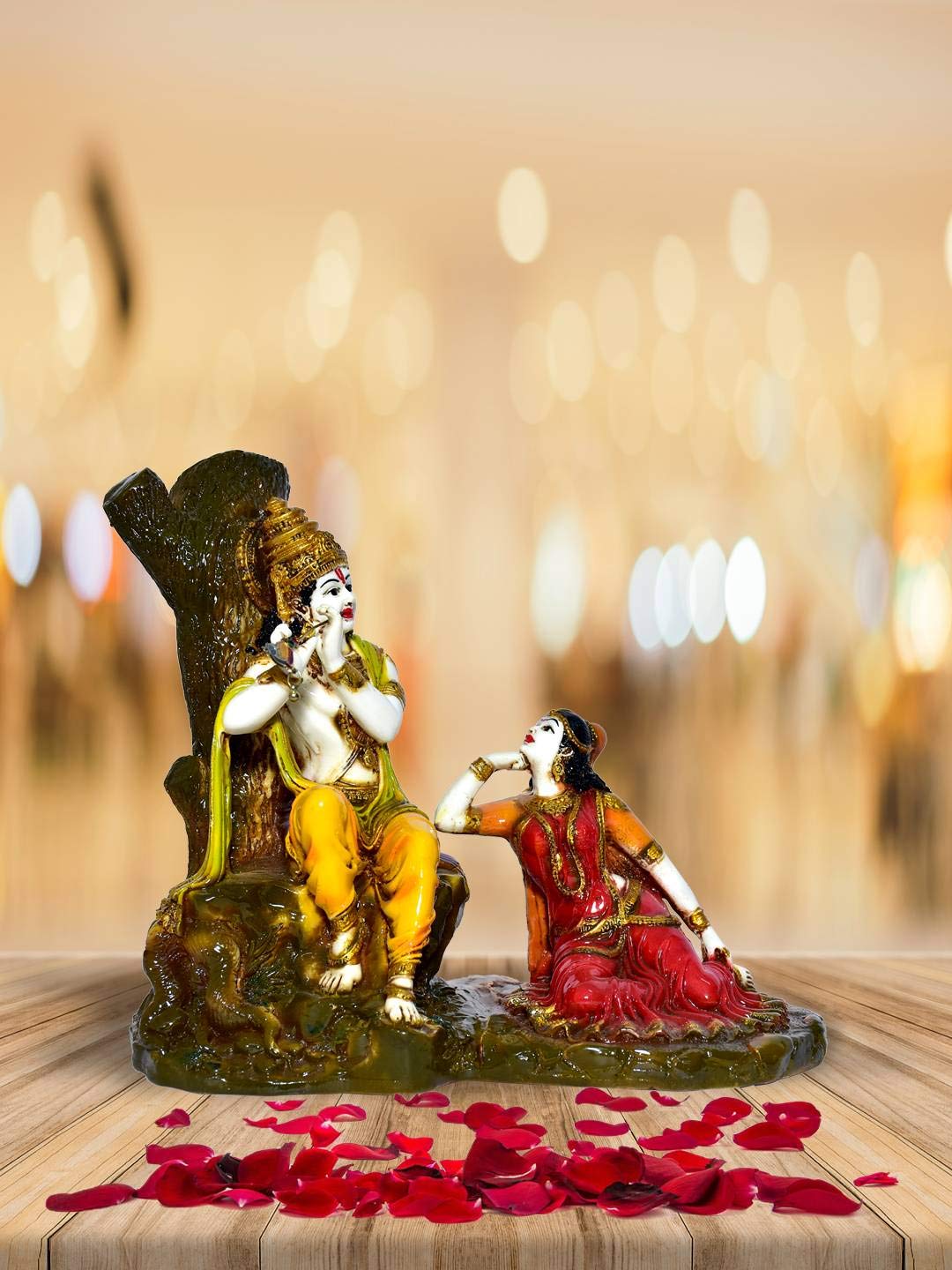 999Store Polyresin Radha Krishna Play Flute Sitting One Stone Statue Home Décor Mandir Temple Gift I