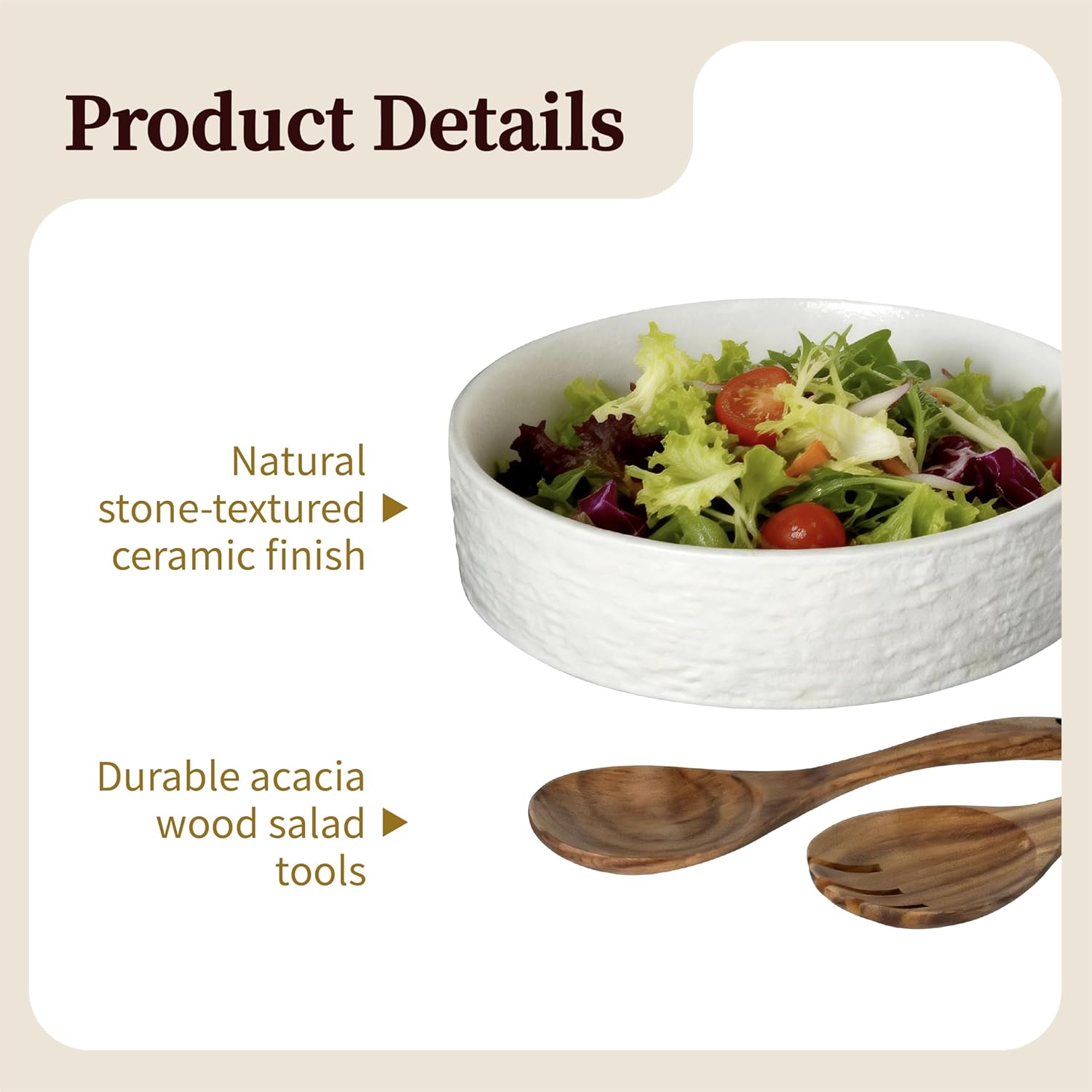 10 Inch Ceramic Salad Bowl with Acacia Wood Serving Spoon and Fork Set High Temperature Fired Stone Texture Large Serving Bowl for Pasta Fruit Popcorn Modern Centerpiece Bowl (White)