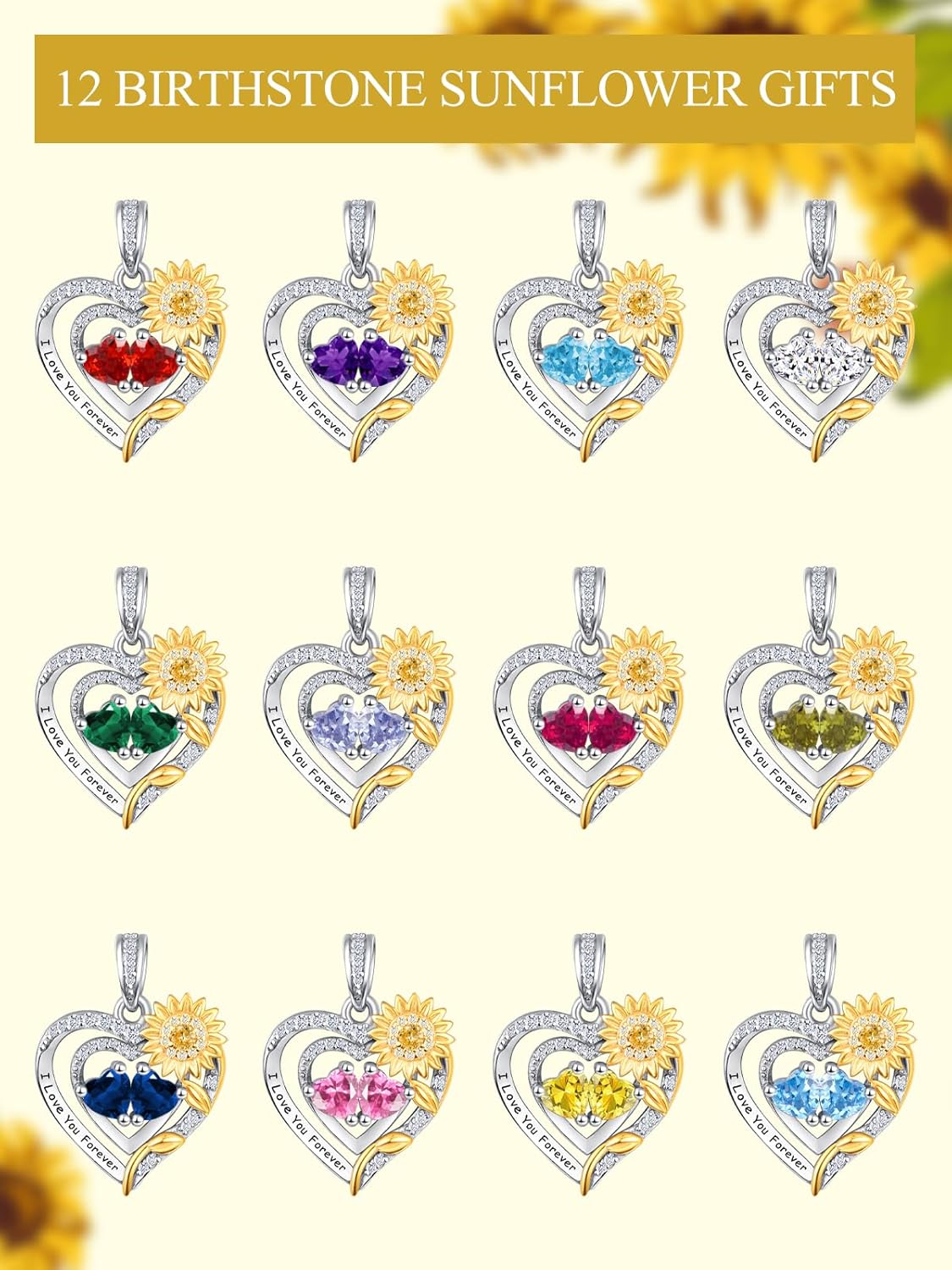 Birthstones Necklaces for Women, 925 Sterling Silver Heart Pendant with Sunflower/Rose/Daisy/Tree of Life/Angel Wings, Valentines Day Birthday Gifts for Women - Image 6