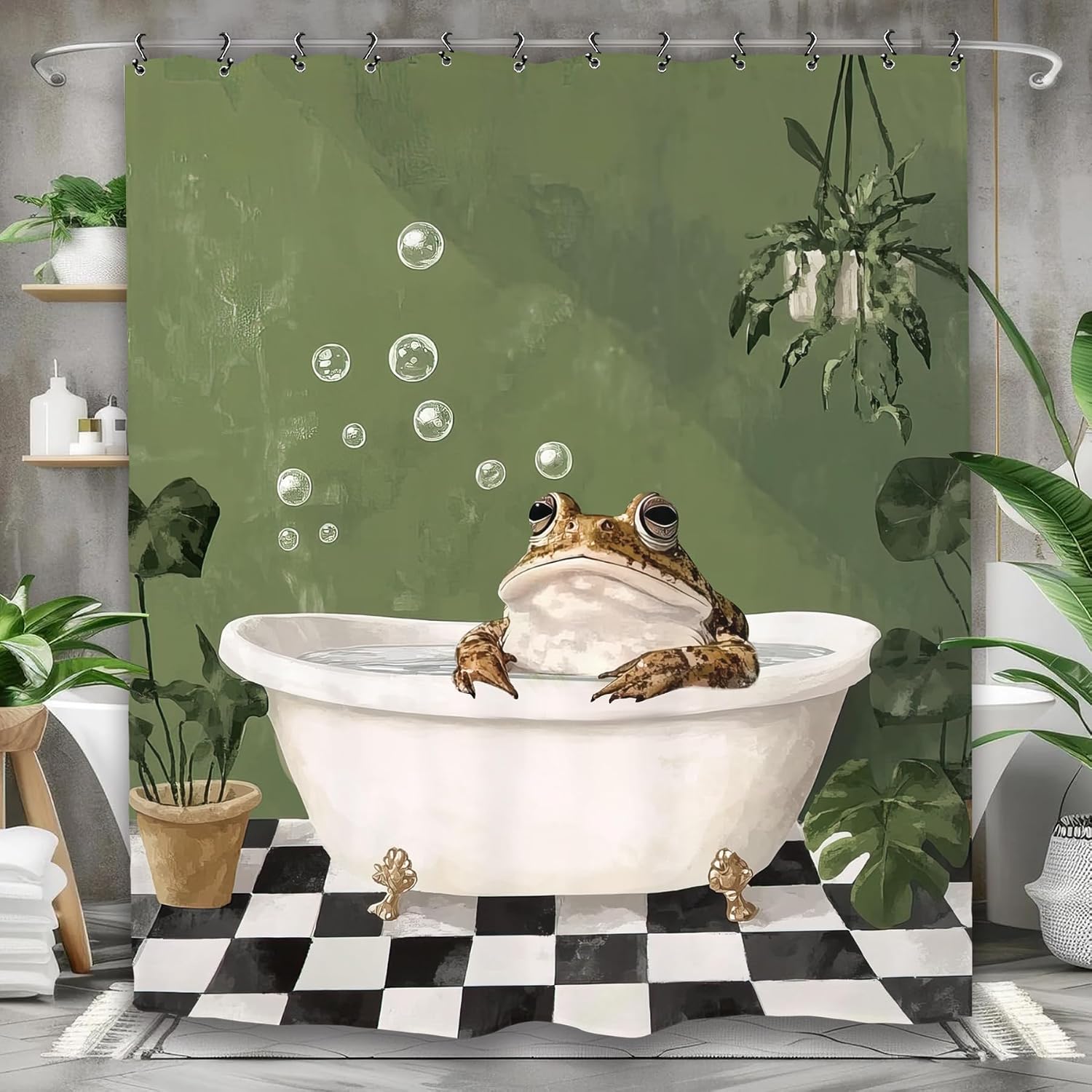 Funny Cute Frog Bathroom Shower Curtain 60W by 71H Inch Cool Animal Green Plant Leaves Polyester Fabric 12 Plastic Hooks Waterproof Decor