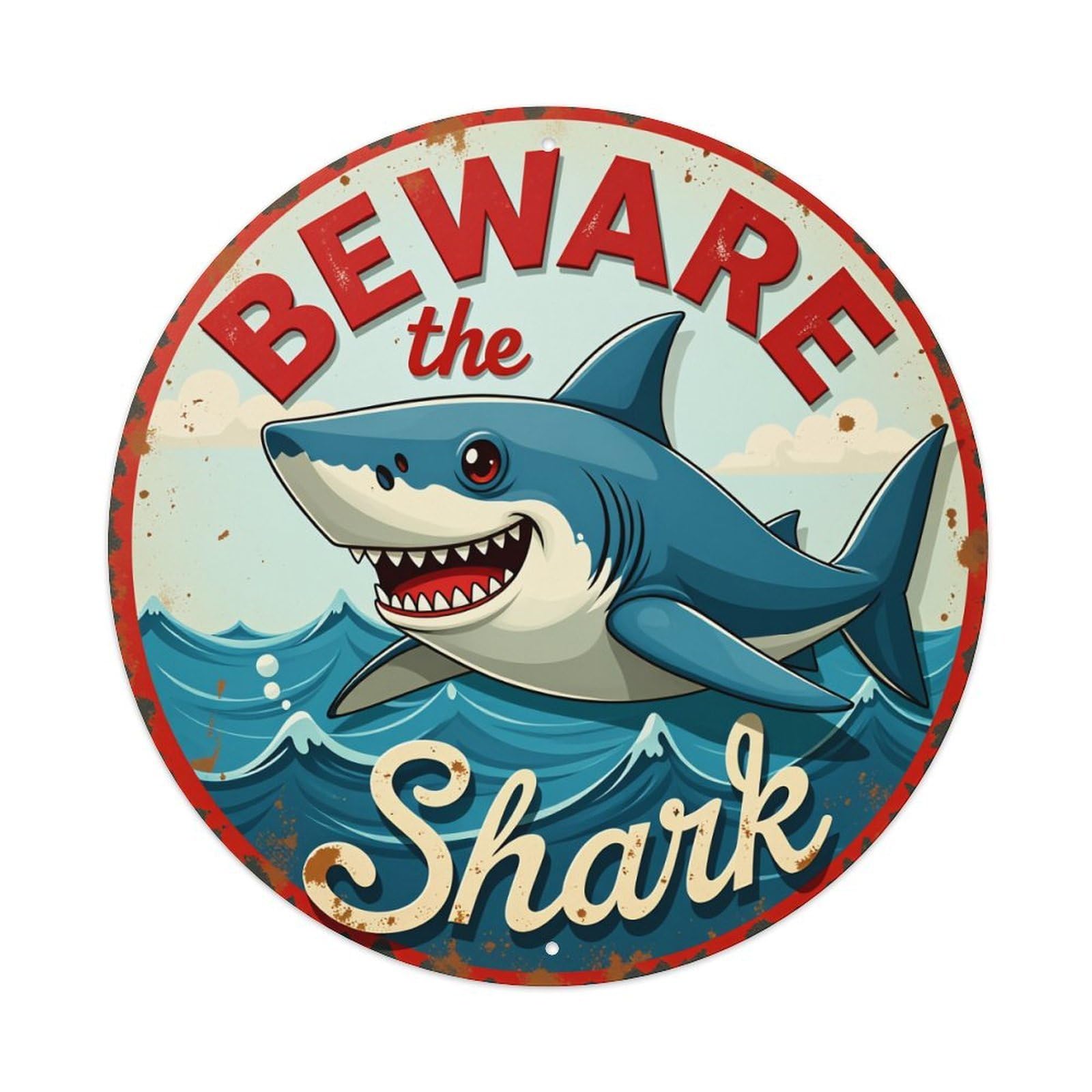 Beware The Shark Sign Pattern Vintage Round Tin Sign Retro Metal Wall Decor Metal Poster, Home Bar Garage Cafe Wall Art Decoration 8x8Inches
