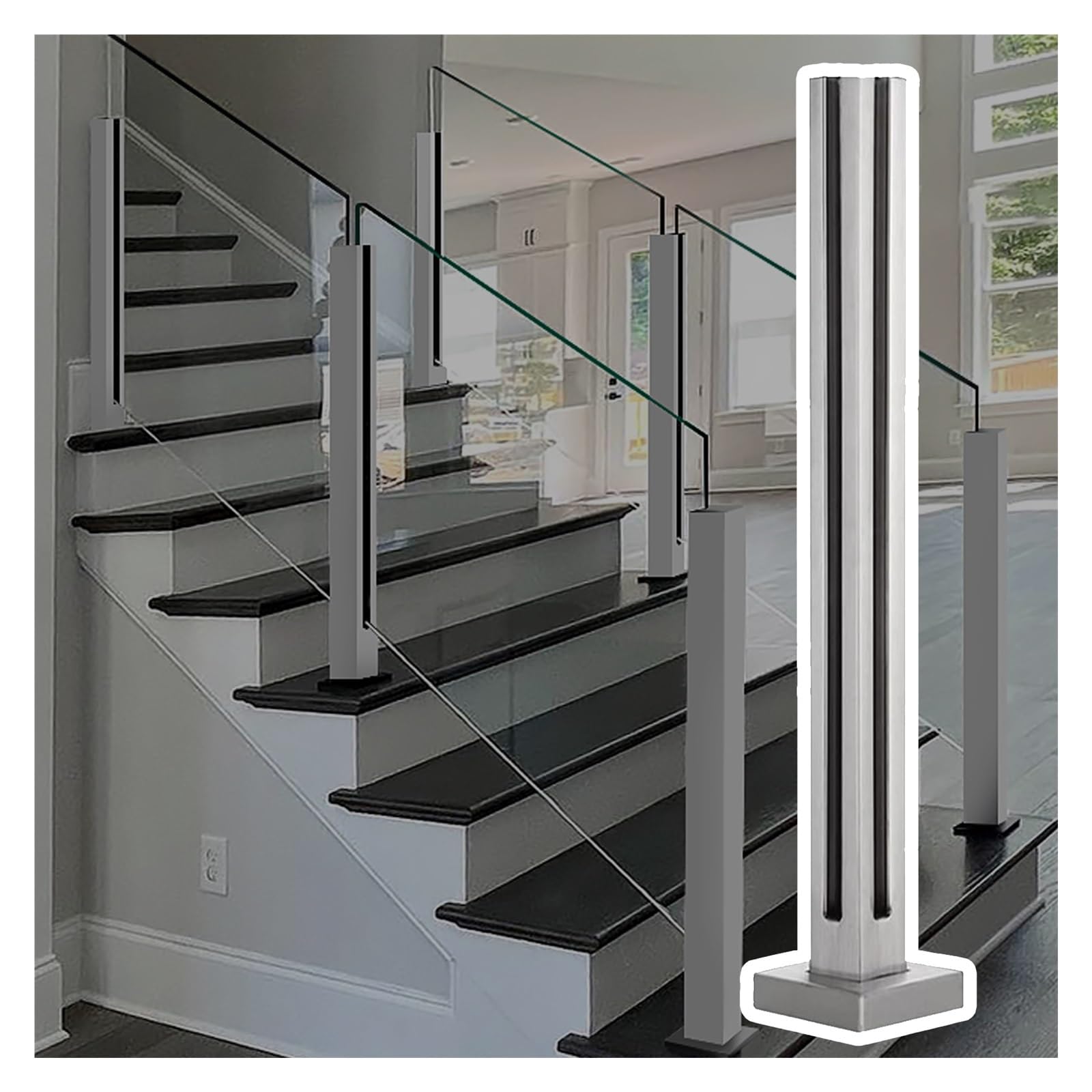 Poste cuadrado de acero inoxidable para uso en interiores y exteriores, altura de 60 a 105 cm, ideal para escaleras, balcones, jardines y vallas, y elegante