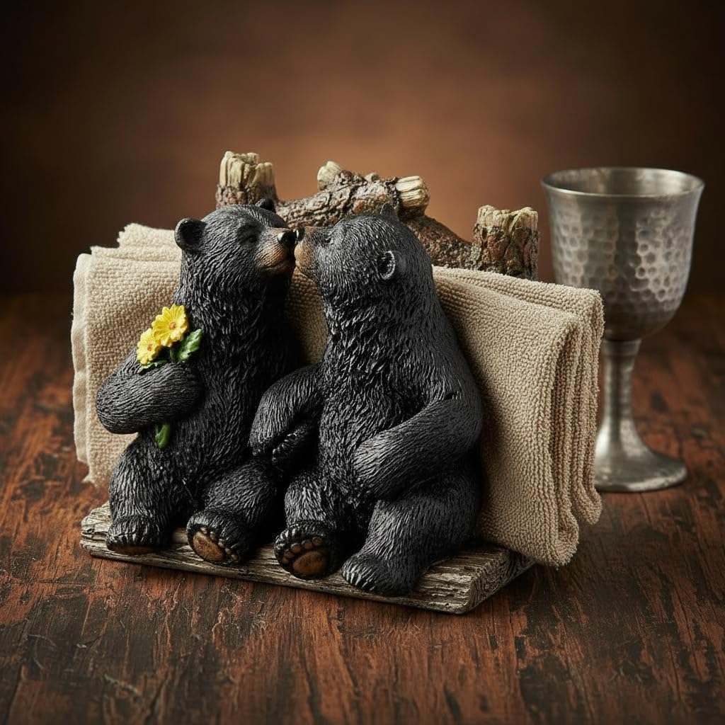 Comfy Hour 5" Black Bear Kissing Figurine Napkin Holder, Rustic Antique Vintage Western Style Home Decor, Resin Lover Bears Statue Solo Unit for Kitchen Dining Table