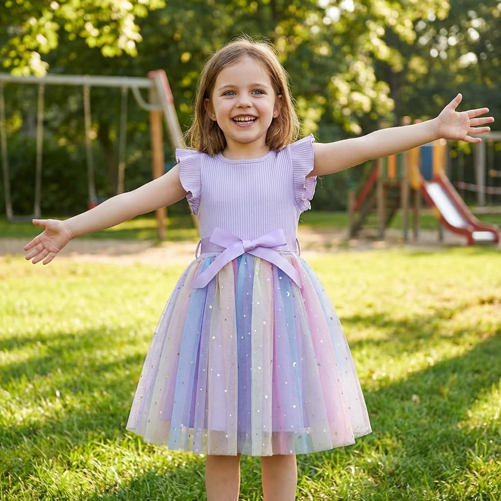 JiAmy Robes en Tulle côtelé pour Filles - Robe de Printemps à Paillettes - Manches Volantes - Arc-en-Ciel - pour Enfants de 1 à 6 Ans