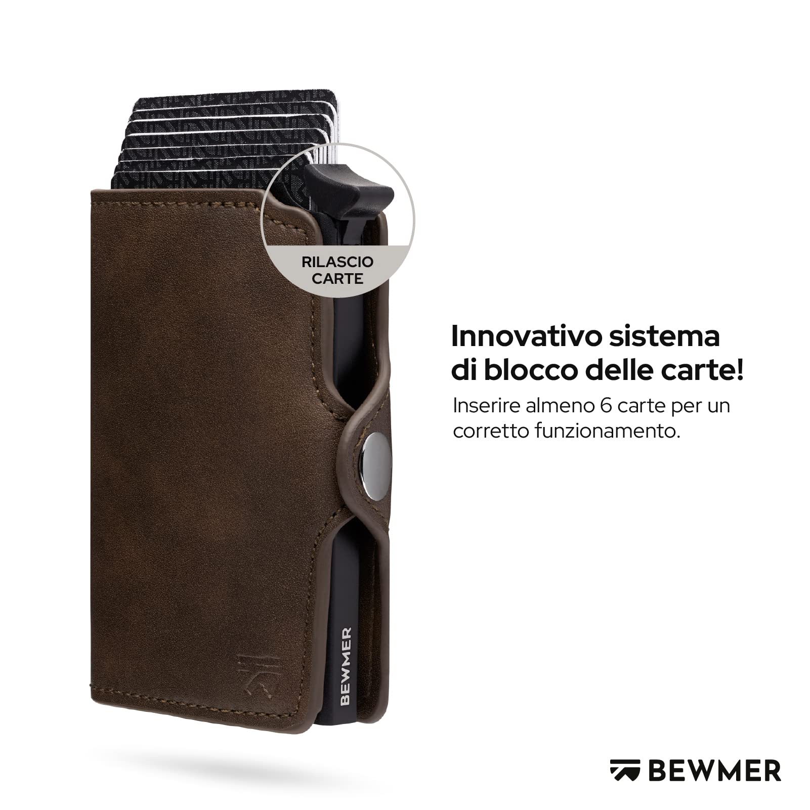 BEWMER Porta Carte di Credito 1 ZIP Schermato | Portafoglio Slim da Uomo e Donna | Porta Tessere e Documenti con Rfid Protection e Fermasoldi in Carbon Fiber (Marrone con Zip)