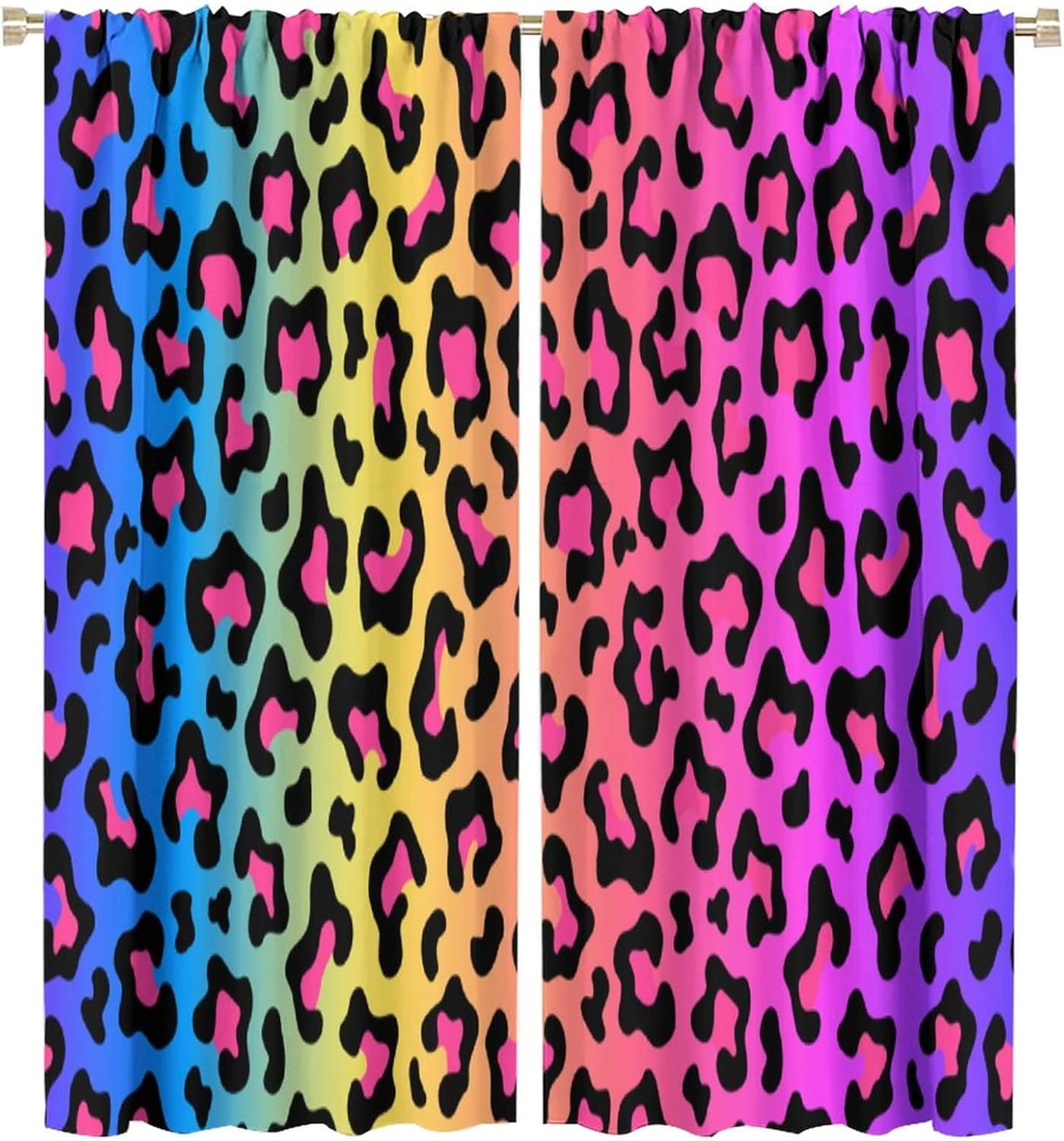Colorful Leopard Fur Window Curtains,Rainbow Style Wild Animal African Cheetah Skin Pattern Polyester Fabric Curtains for Bedroom Living Room Kitchen Window Drapes 2 Panel Set 55" x 63"