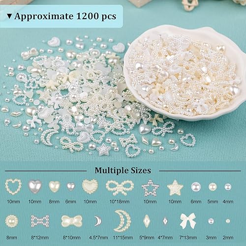 Miniatura 2 de 1200 dijes de uñas multiformas 3D y perlas de parte trasera plana, estilos mixtos de blanco y beige, adornos de corazón y estrella, arco de girasol
