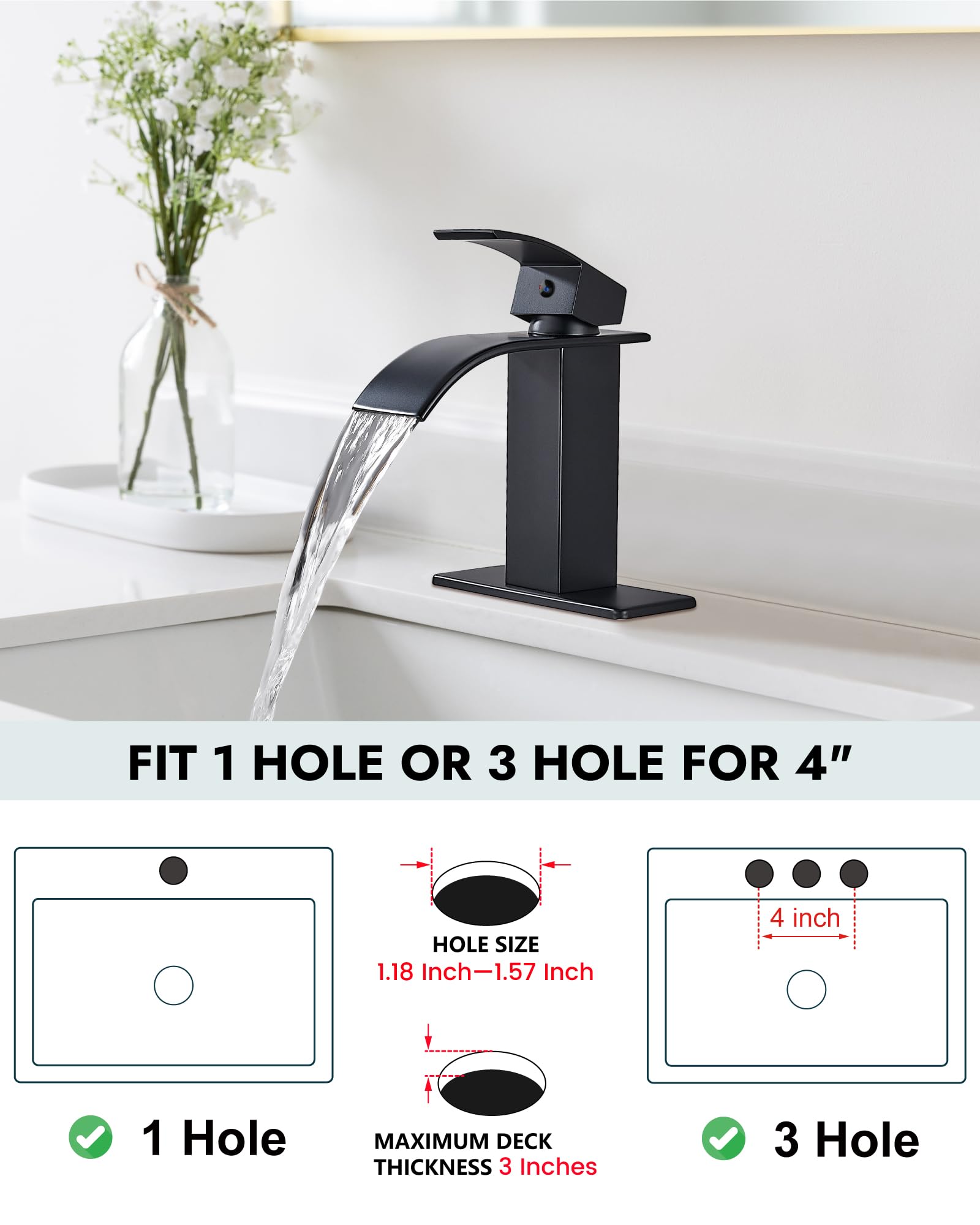 Rubinetto Bagno FORIOUS Nero Opaco A Cascata – Miscelatore Monocomando In Acciaio E Ottone, Beccuccio 110 Mm