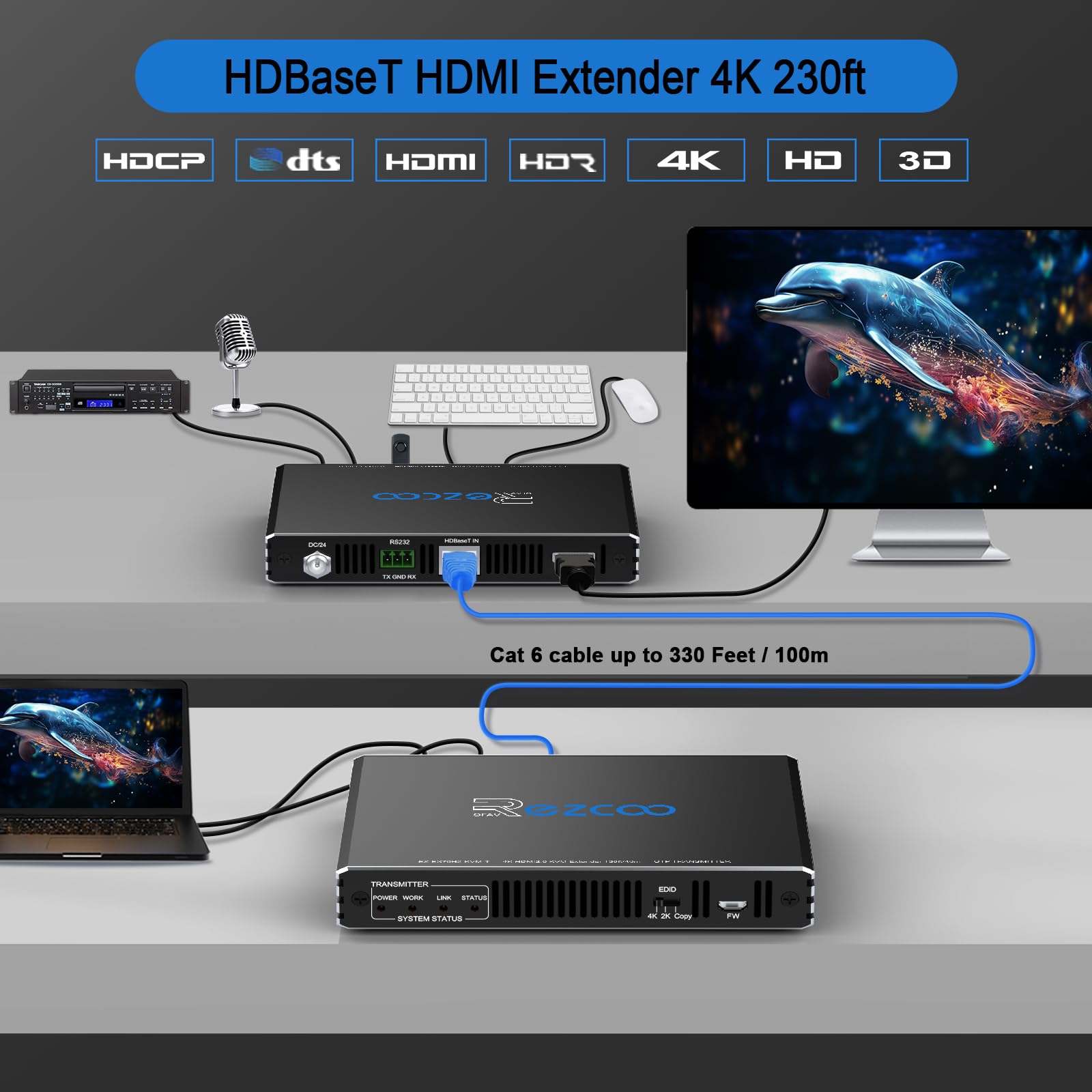 ROFAVEZCO 4K HDMI KVM Extender USB unkomprimiert 4K 60Hz HDR Single Over Cat5e/6 bis zu 300 Fuß 3 Ports USB 2.0 Hub POE RS232 EDID 3,5 mm Stereo Audio und Mikrofon 70H2KVM