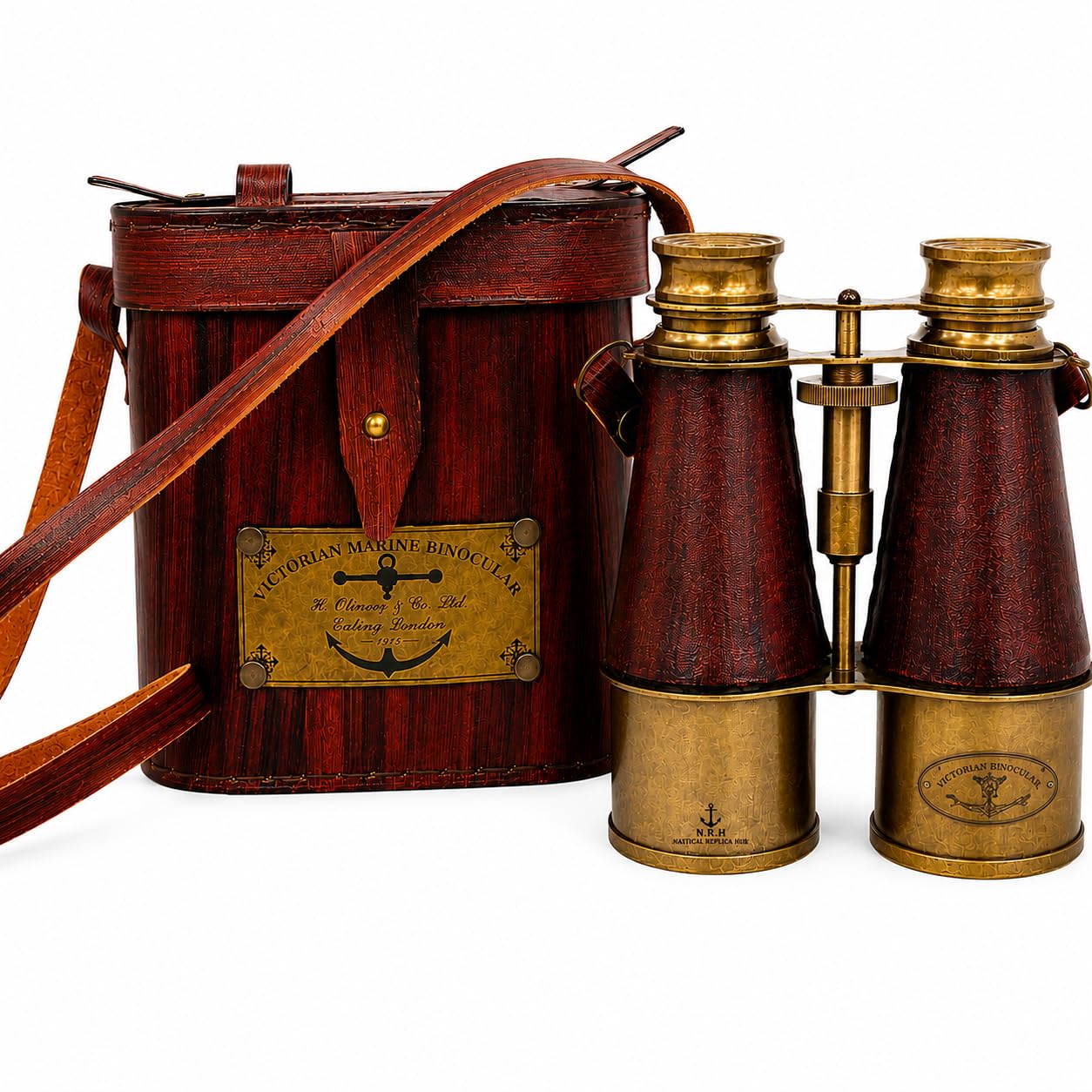 Binocolo nautico vintage in ottone, fatto a mano, con custodia in pelle