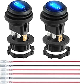 12 Volt Toggle Switch Waterproof 2 PCS, Blue LED Lighted Round Rocker Switch Panel with 6 Hot-Melt Terminals and 20cm Detachable Wires, SPST 3 Pin Marine On Off Switch for Car Boat RV Truck 12V/20A