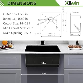 Xiiwin 18 inch Undermount Kitchen Bar Sink, 18