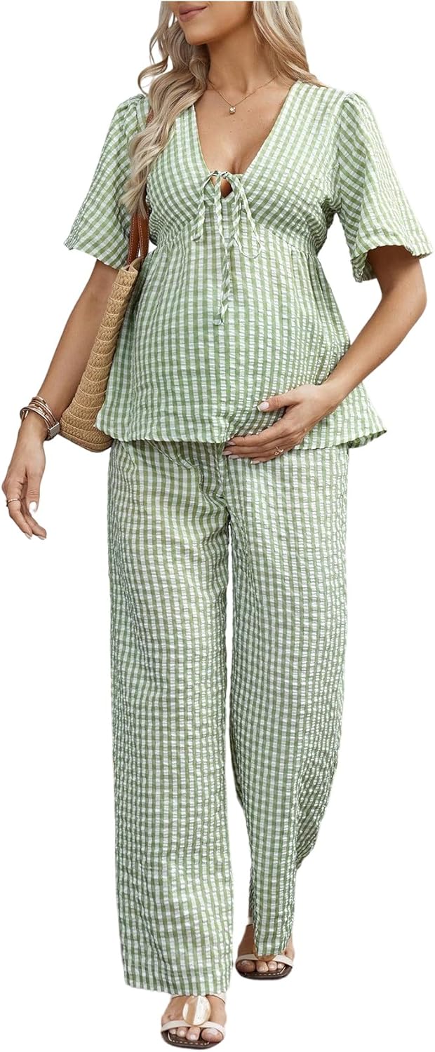 SweatyRocks Women's Maternity 2 Piece Outfits Plaid Peplum Blouse and Wide Leg Pants Matching Sets