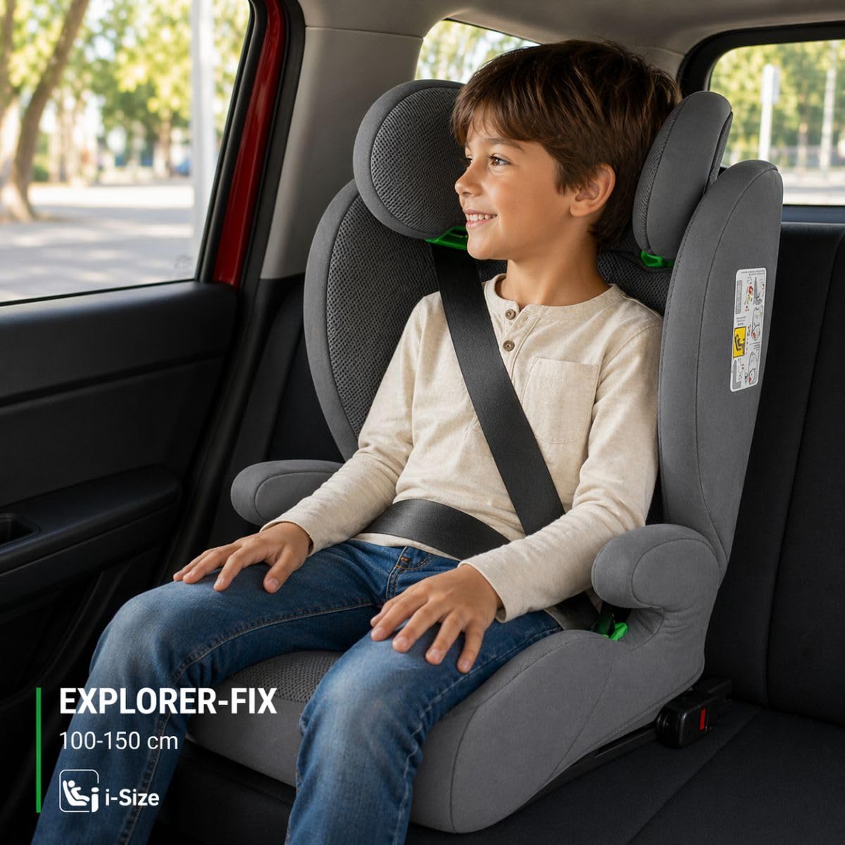 First Step Explorer Fix Silla Coche Niño i-Size (100-150 cm), Grupo 2/3 ISOFIX, Reposacabezas 13 Posiciones, Reclinable, Protección Lateral SPS, De 3,5 a 12 Años, Convertible en Alzador, Gris