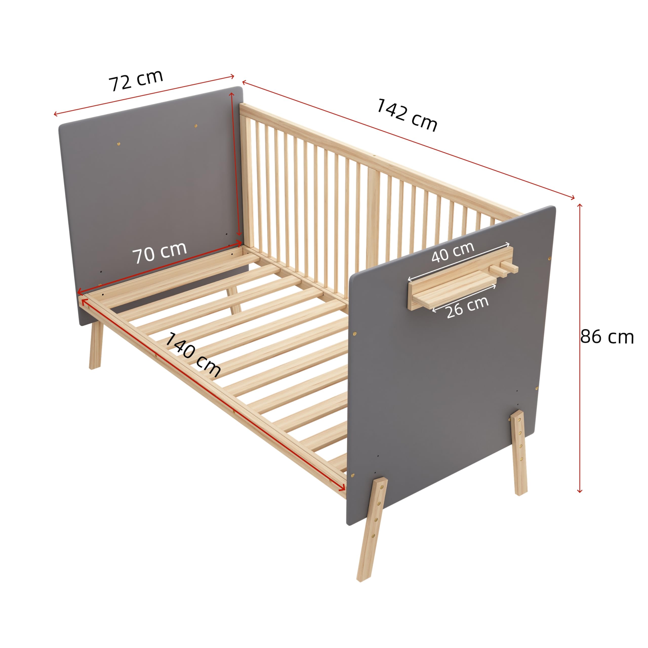 SUKY Verstellbares Massivholz Babybett, mit DREI-stufiger Höhenverstellung, umweltfreundliche Lackierung, als Anschlussbett/Sofabett nutzbar, ohne Matratze, Blaugrau + Naturholzfarbe, 140 * 70 * 86cm