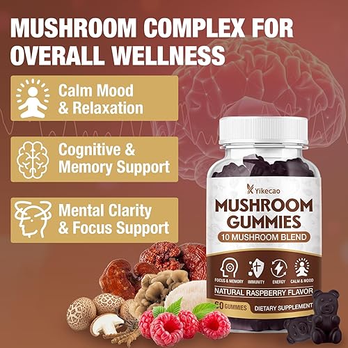 Miniatura 4 de Gomitas de hongos para adultos, suplemento de 10 mezclas de hongos con melena de león, cordyceps, reishi, chaga y cola de pavo para concentración y