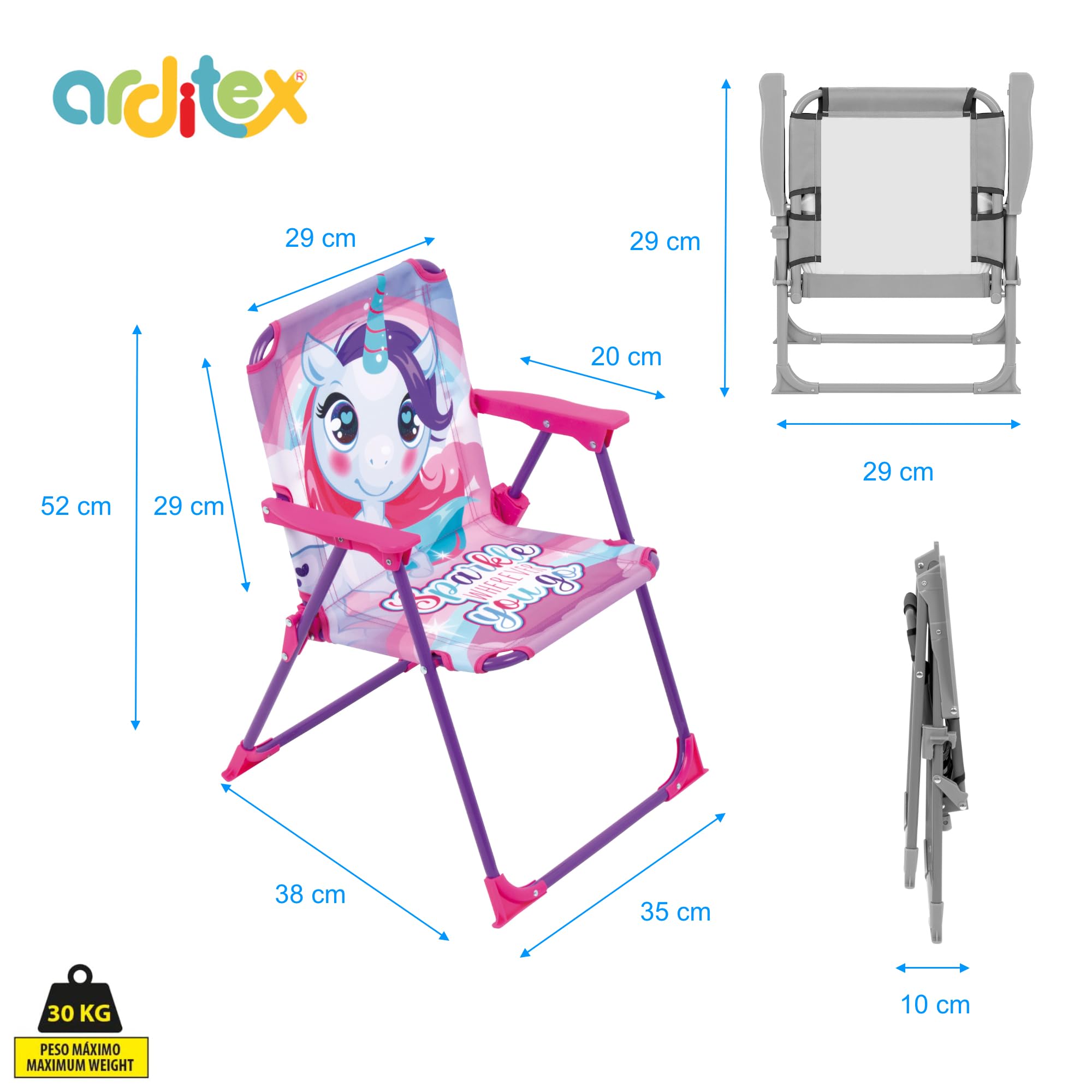 ARDITEX Sedia Pieghevole con Braccioli Unicorno ZK16157, Rosa, 38 x 32 x 53 cm, Fantasia, Metallo e Poliestere, Adatta per Giardino con Patio, Campeggio, Con Chiusura di Sicurezza