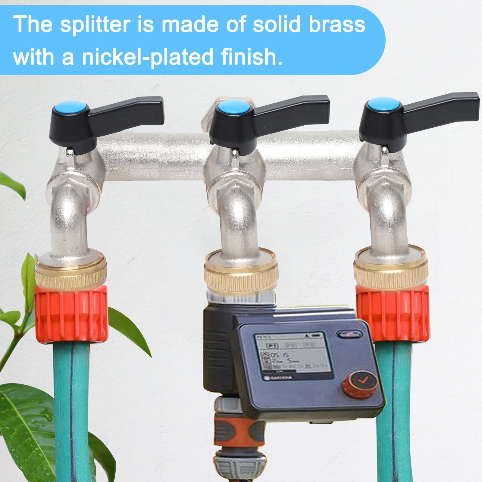 1/2 Zoll 3-Wege Auslaufhahn,Verlängerter Griff(Metall), Messing Wasserverteiler mit 3/4 Zoll BSP Gartenschlauch Wasserhahn-Anschluss, 3-Wege Wasserhahn für Waschmaschine, Regentonne