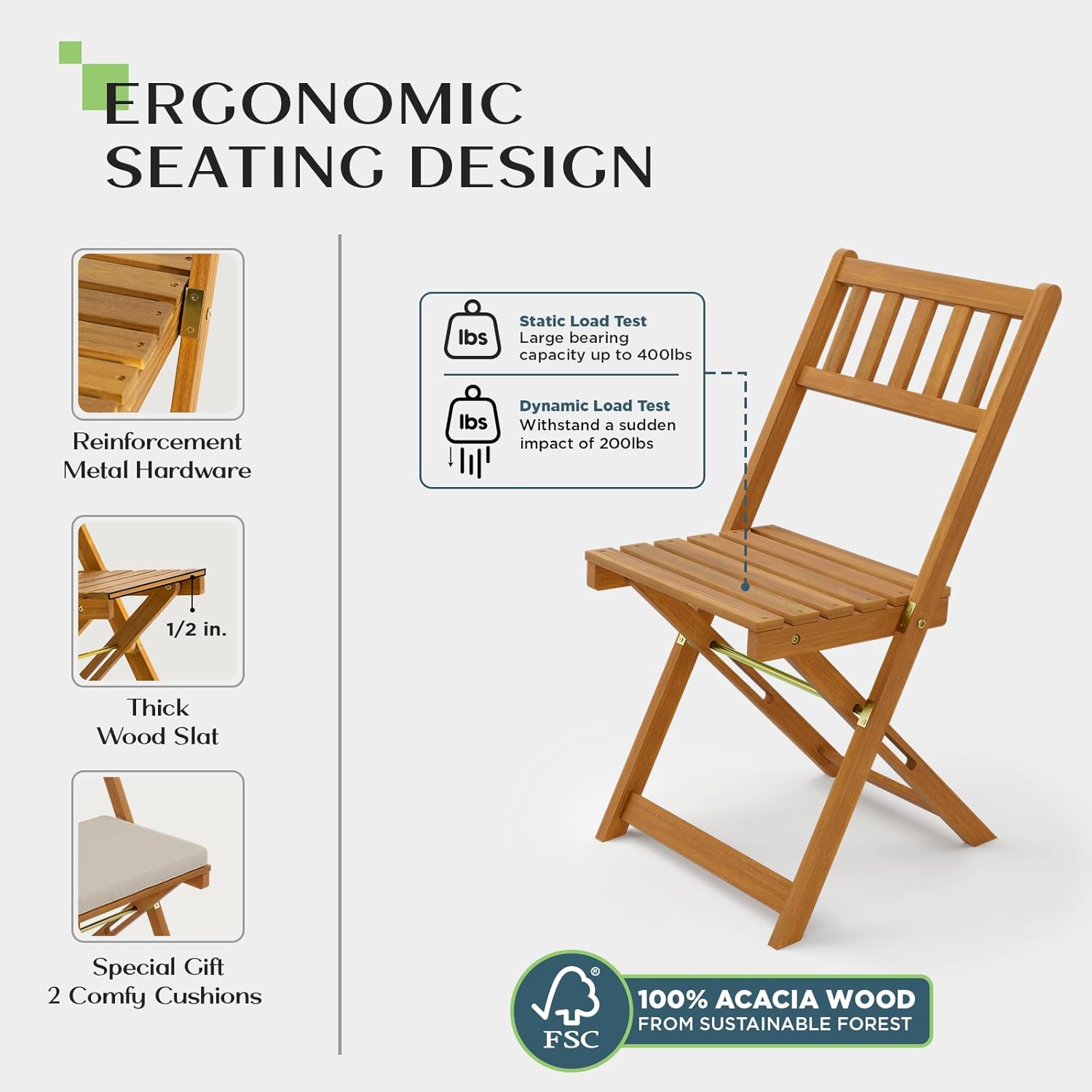 Idzo Heavy Duty 400lbs Capacity Patio Bistro Set 3 Piece Outdoor, Folding Chairs w/Cushion, Square Table