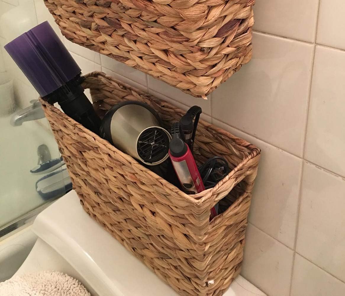 Yesland Hand-Woven Narrow Water Hyacinth Holder Wicker Basket, 15.5 x 5.5 x 9.75 Inch Decorative Magazine Storage Basket Bin for Home, Office, Desk