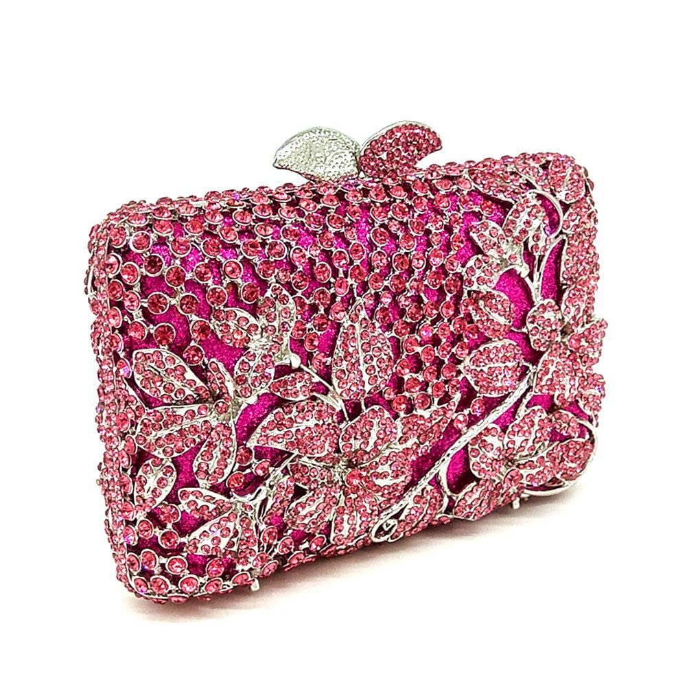 DEBIMY Dazzling Flower Rhinestone Evening Bag Wedding Cocktail Party Clutch Handbags Elegant Women Crystal Purses Rose Red