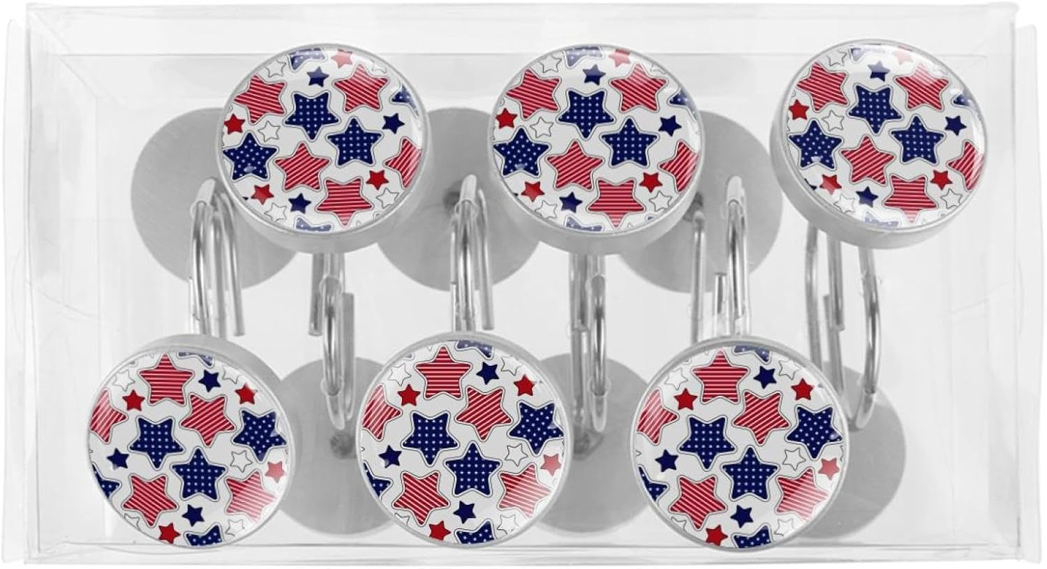 Independence Day Shower Curtain Hooks - Patriotic Red White Blue Star Stripe Design - Set of 12 Rustproof Decorative Rings for Bathroom Decor