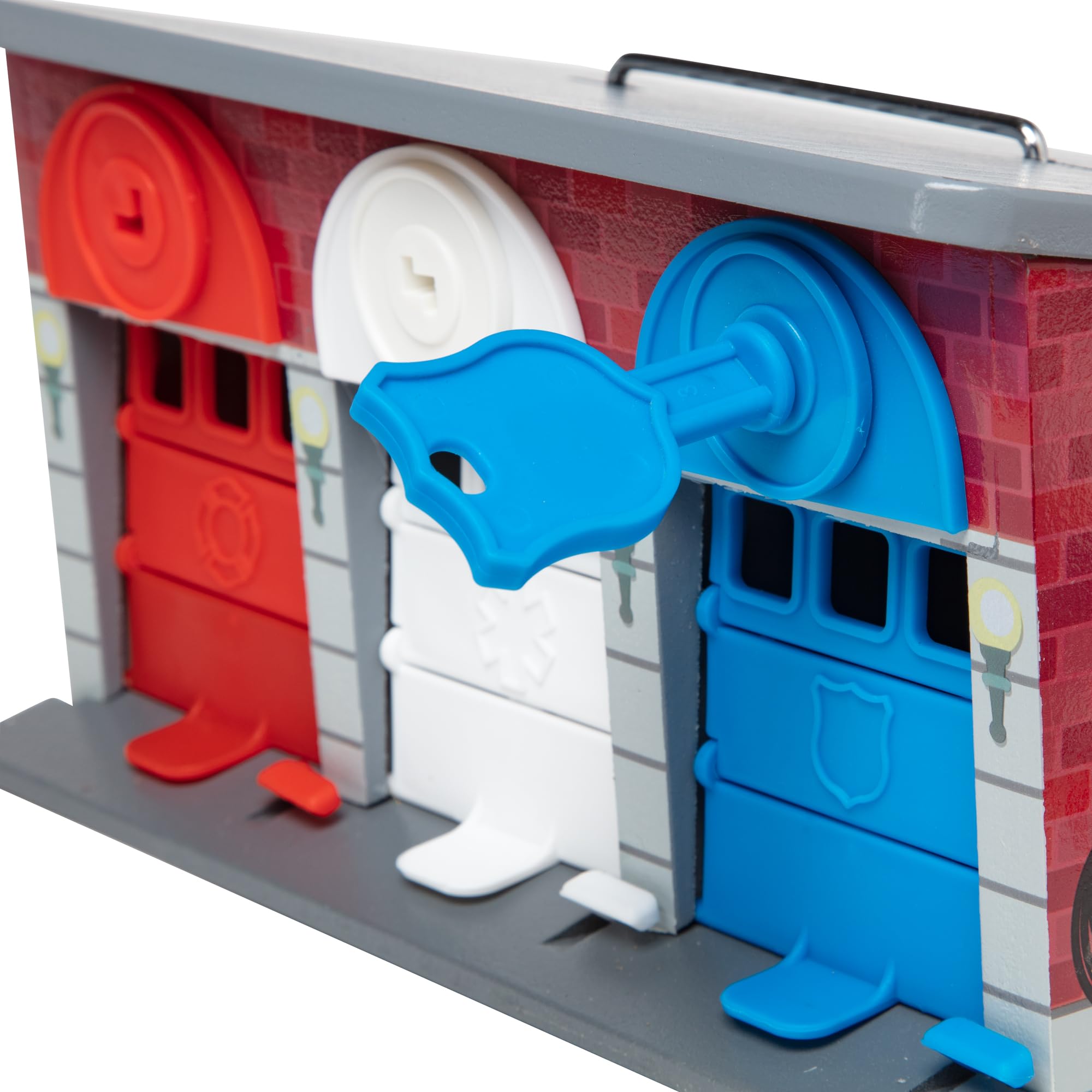 Melissa & Doug - Spielzeug Garage mit Schlüsseln und Rettungsfahrzeugen aus Holz, 7-teilig, für Kinder ab 3 Jahren
