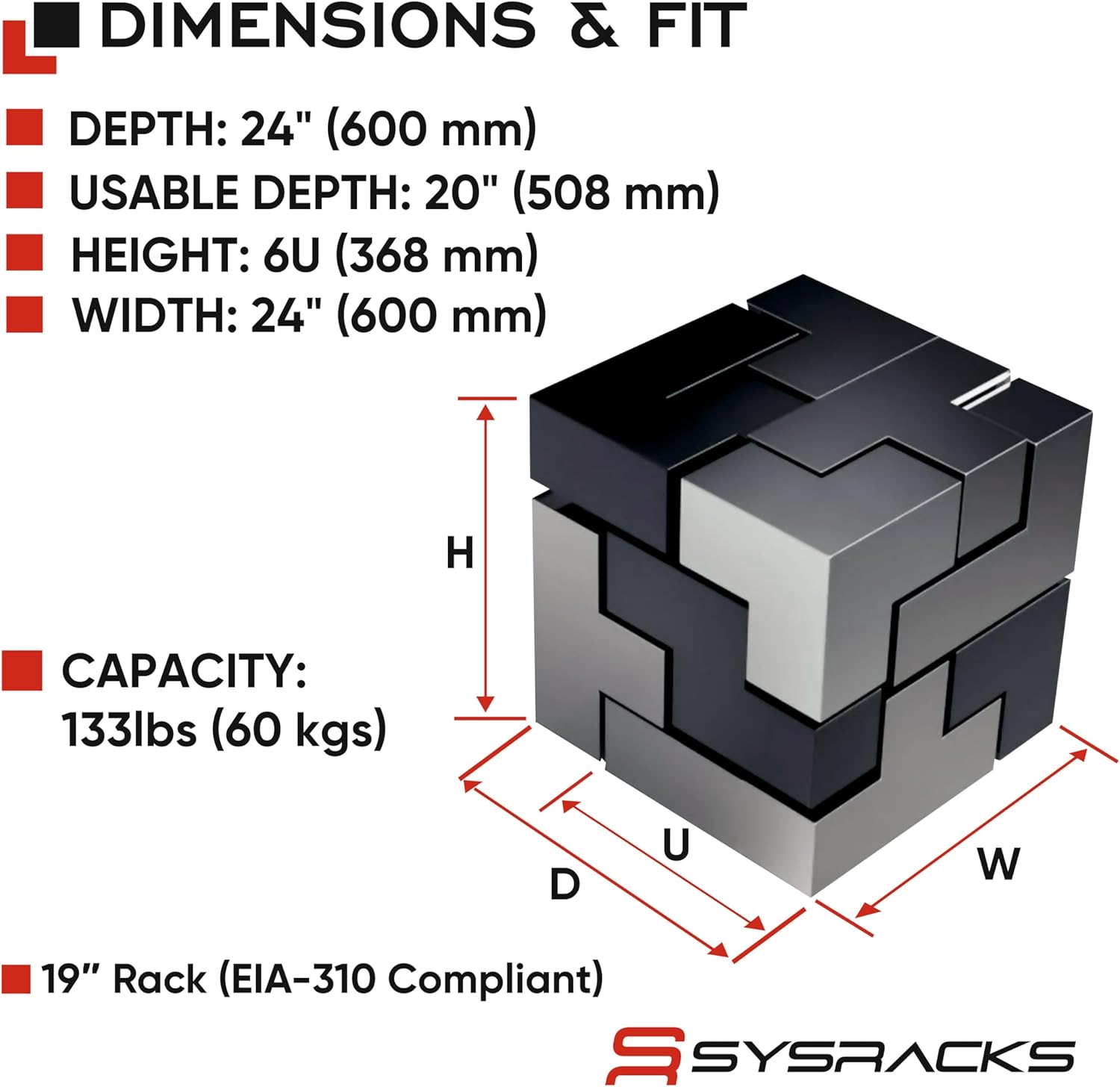 Sysracks 6U Wall Mount Server Rack Cabinet, 19” Network Enclosure, 24” Deep, Locking Glass Door, Custom-Ready IT Rack