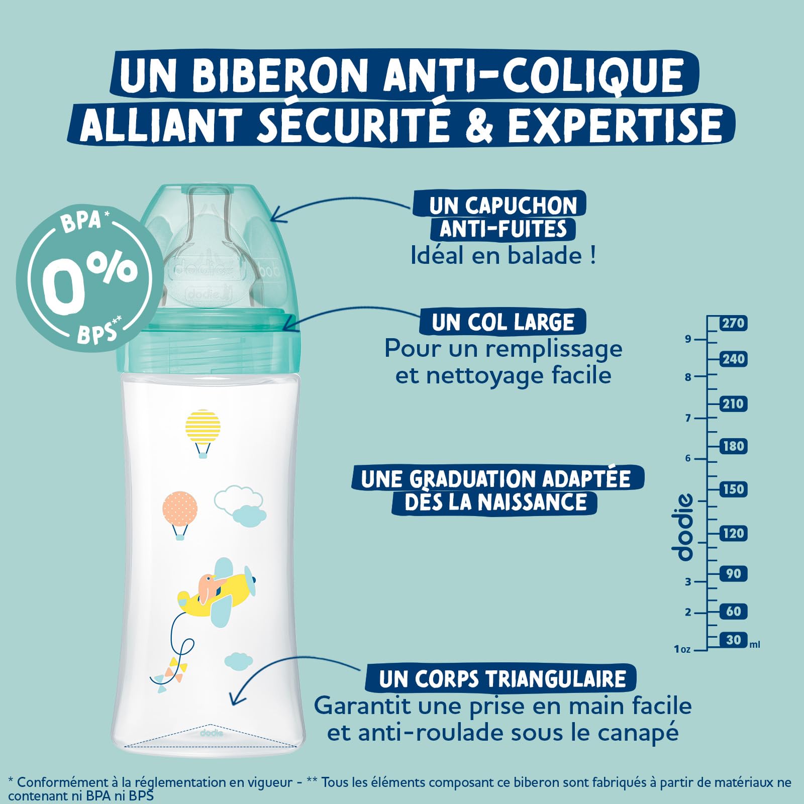 Dobie, Confezione da 3 Biberon Anticolica Sensation+, Bambino, 270 ml, 0-6 mesi, Tettarella Piatta, 2 Fori