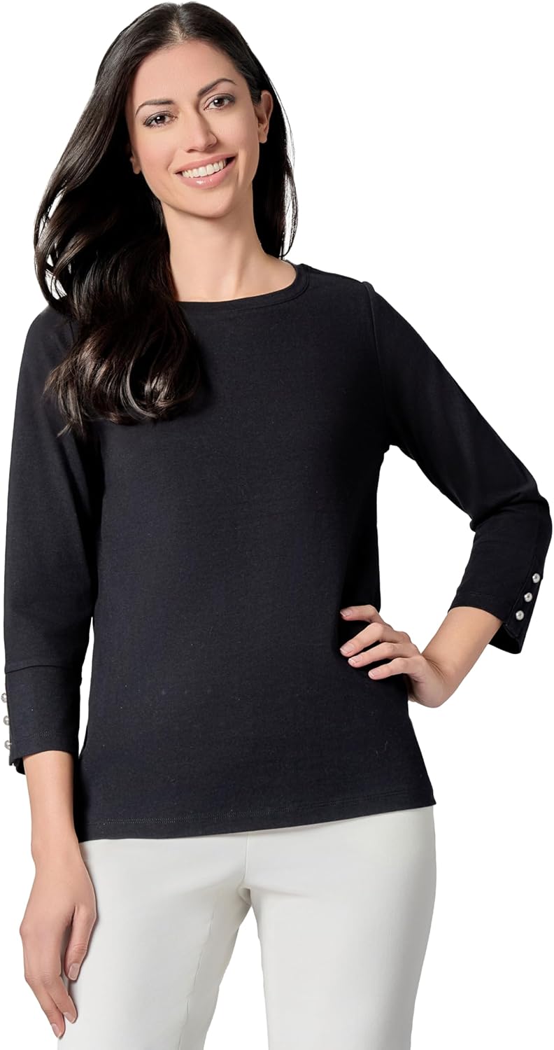 Kasper Women's Cotton Span Jersey 3q Sleeve Button Tee