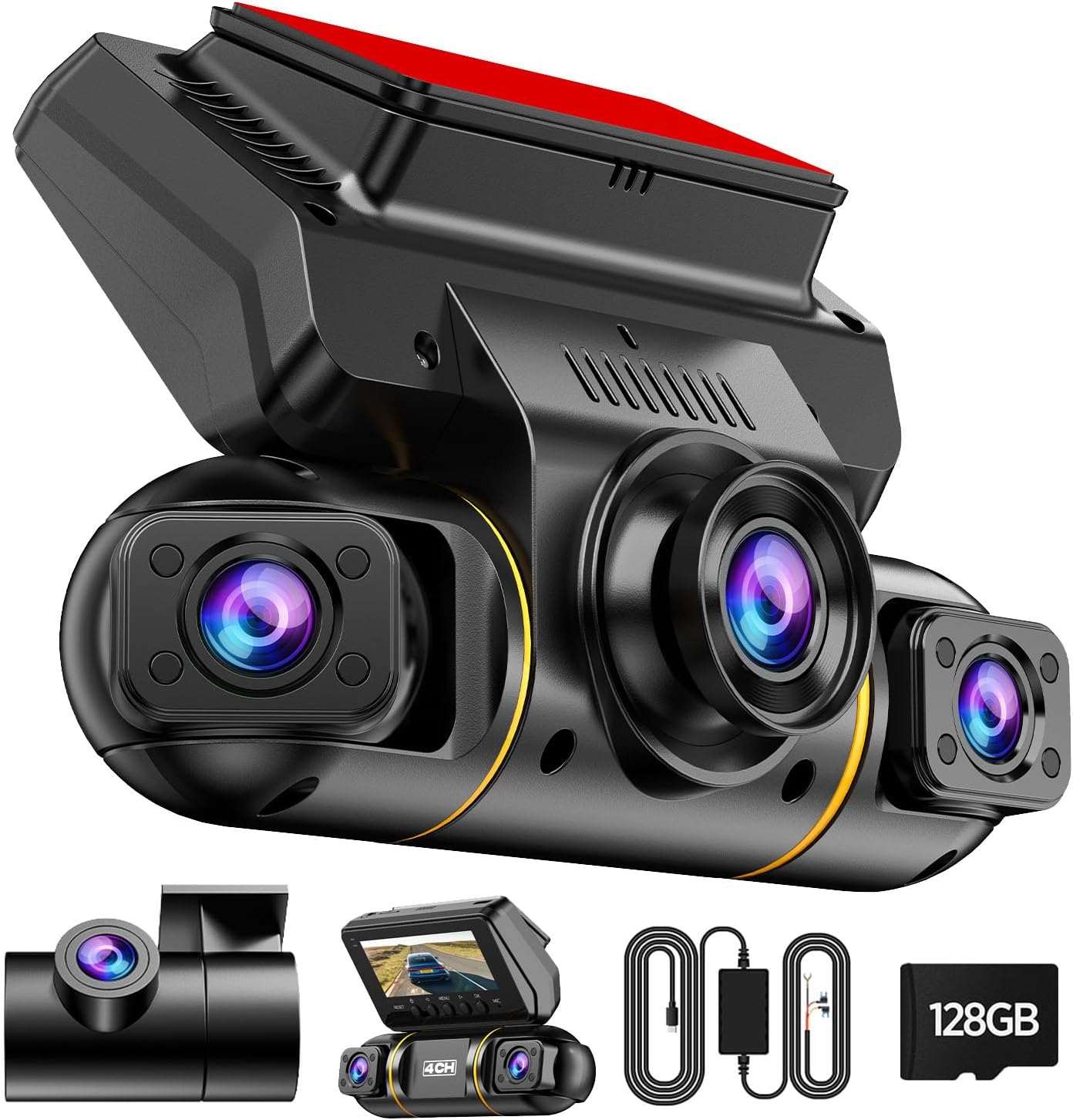 LAMTTO 4 Channel Dash Cam 360 View, 1080P Front and Rear Inside Left Right, Dash Camera for Cars with Hardwire Kit for 24h Security Parking Monitor, IR Night Vision Dashcam,128GB Card Included