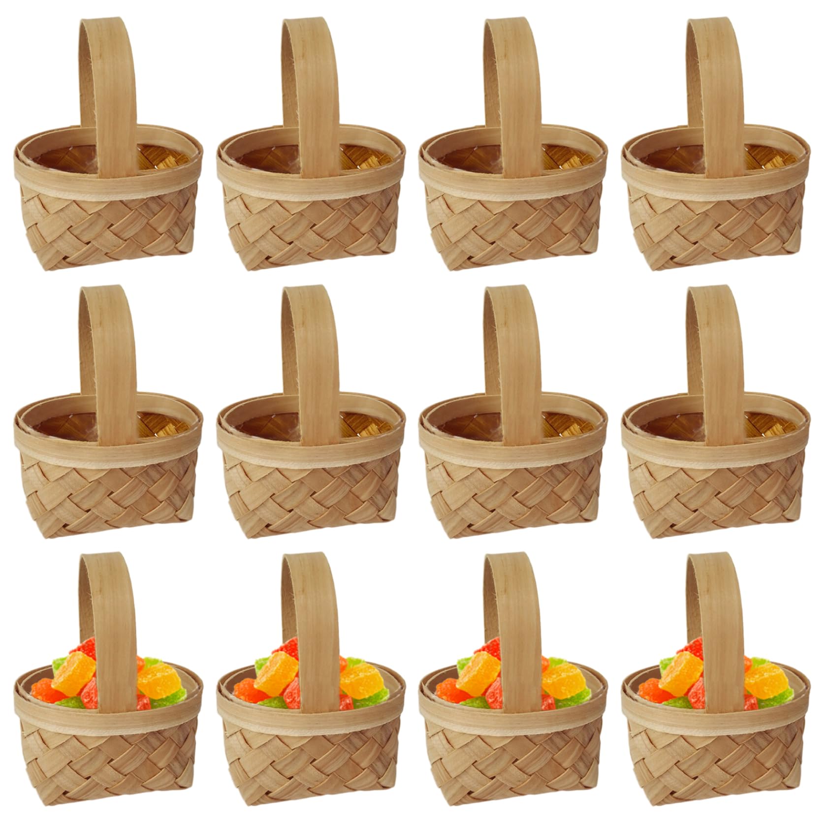 12Pcs Mini Woven Basket 3x2in Oval Bamboo with Handle Picnic Flower Gifts Candy