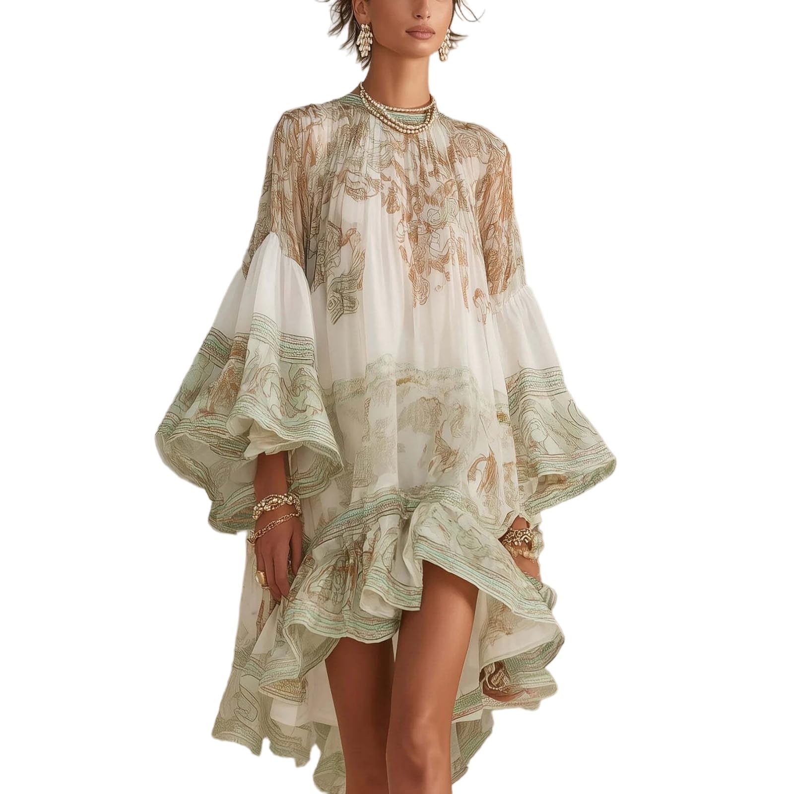 Vestito Donna Estate Floral Midi Abito Manica Lunga Sciolto Adatto Ruffle Dettaglio Elegante Stampato Vacanza Casual-Beige-m