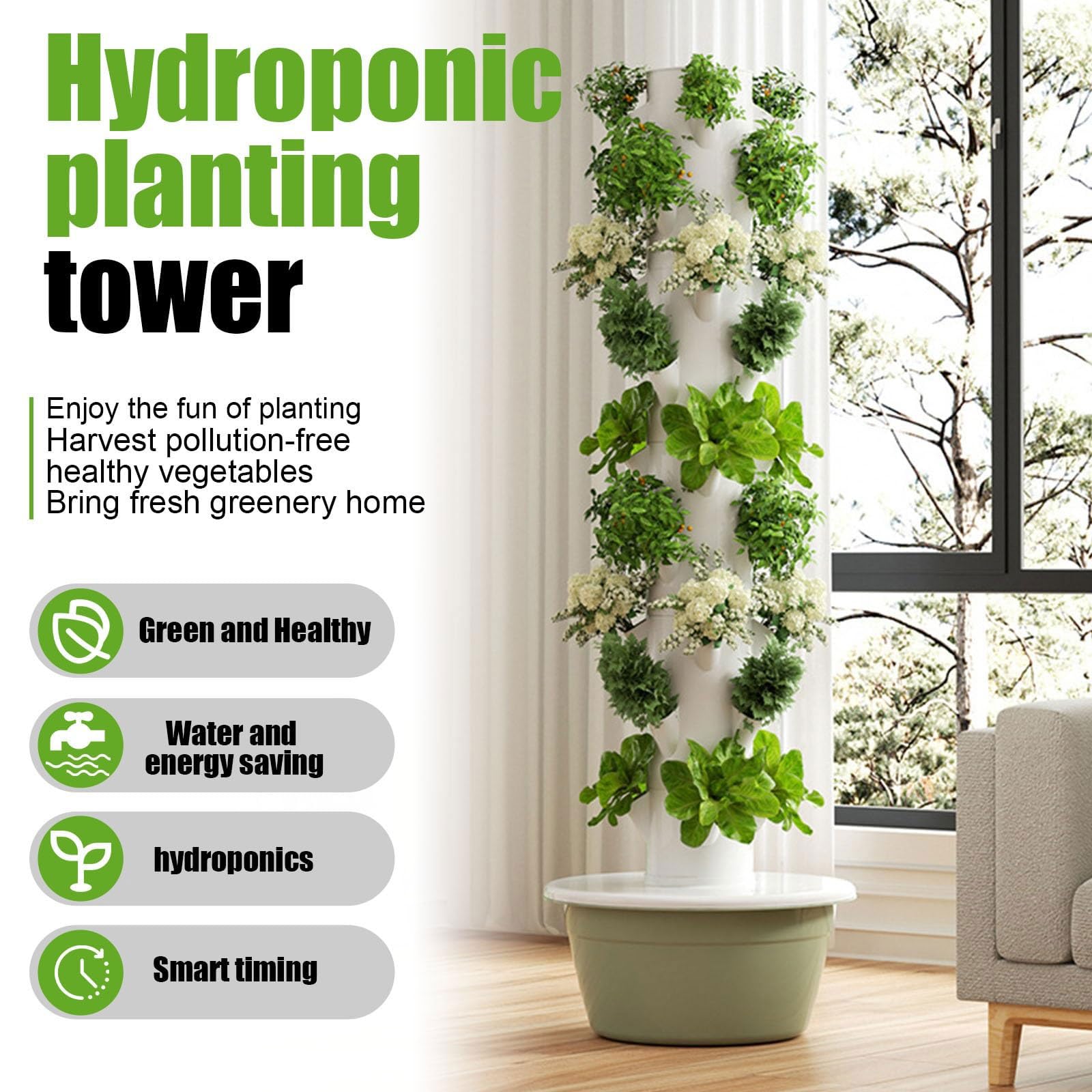 Sistema de cultivo hidropónico, torre vertical, aeroponía automatizada, jardín interior con bomba de riego automático, kit de jardín de hierbas para el hogar