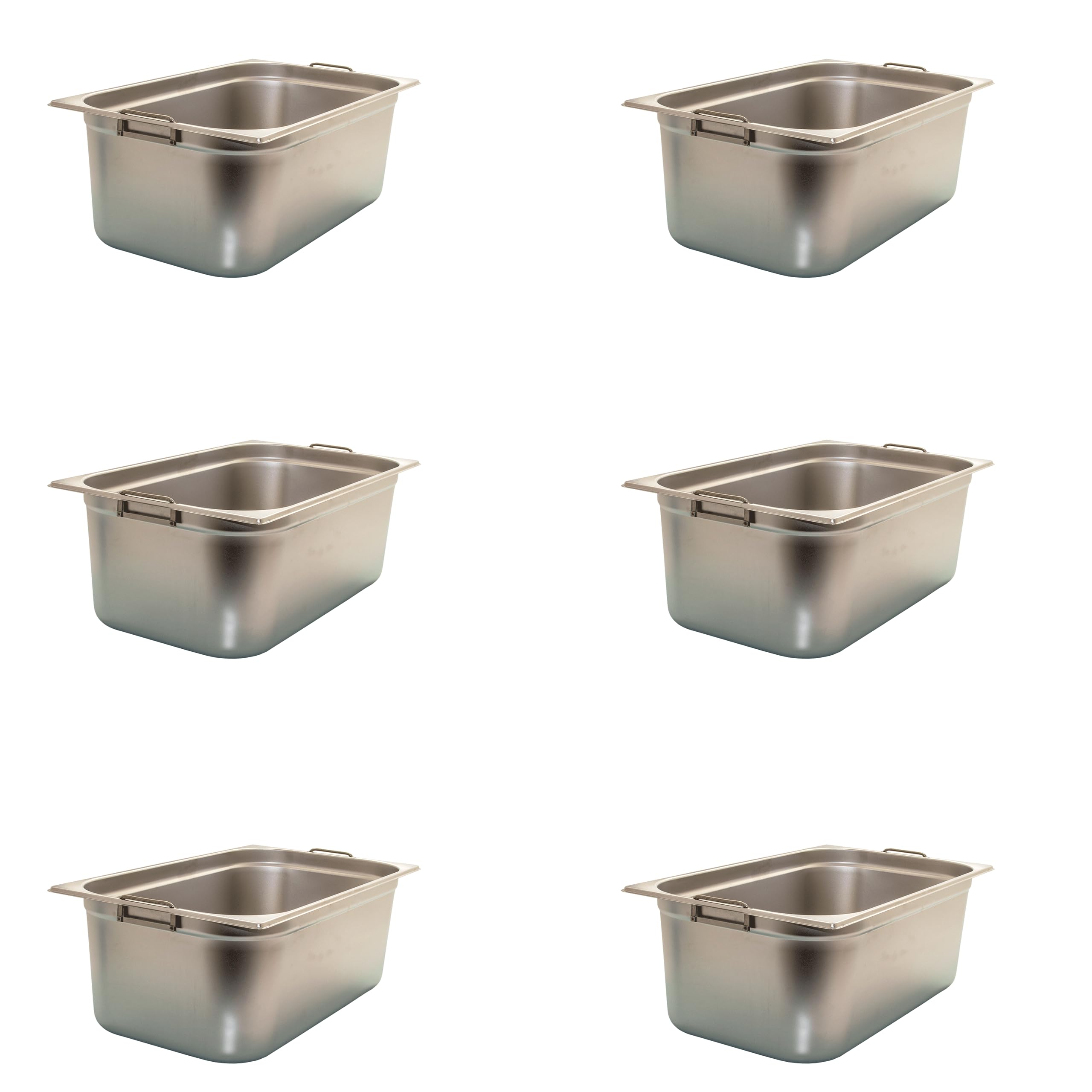 6 contenitori per gas GN 1/1, in acciaio inox, 28 litri, profondità 200 mm, impugnatura
