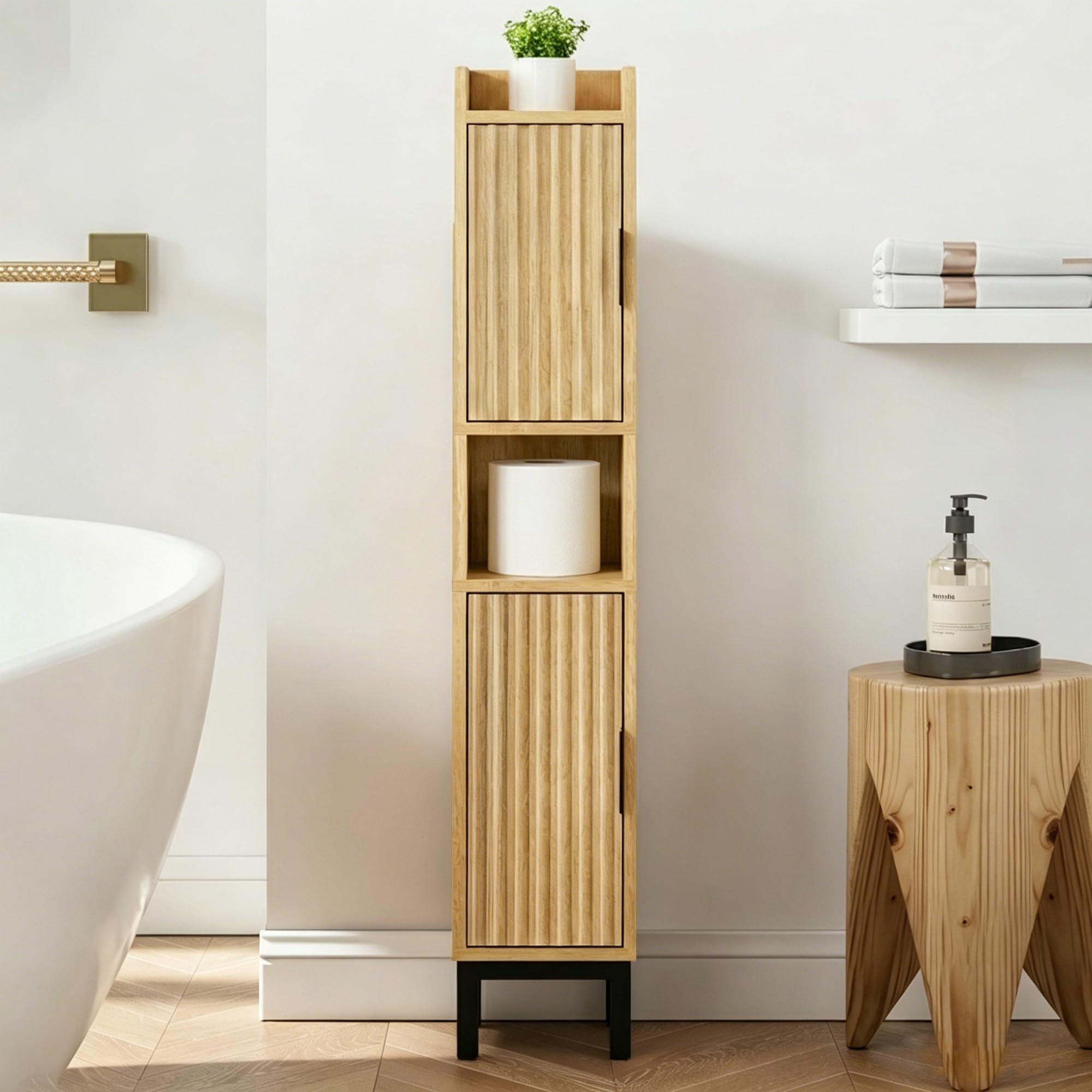 Photo 1 of FerniTry Small Bathroom Storage Cabinet, Oak, 5-Tier