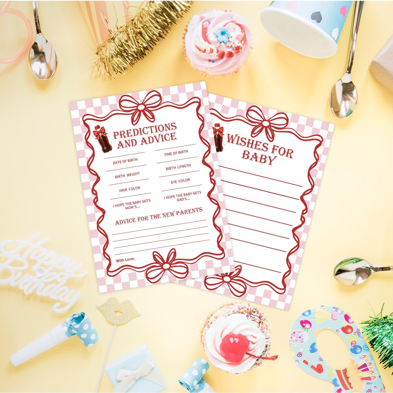 30 Pack Soda Baby Shower Games, Red Bow Predictions & Advice Cards for Baby Shower Activity, Soda Drink Wishes Games for Guests, Red Bow Decorations Advice for New Parents to Be, 5 x 7 Inches image 5