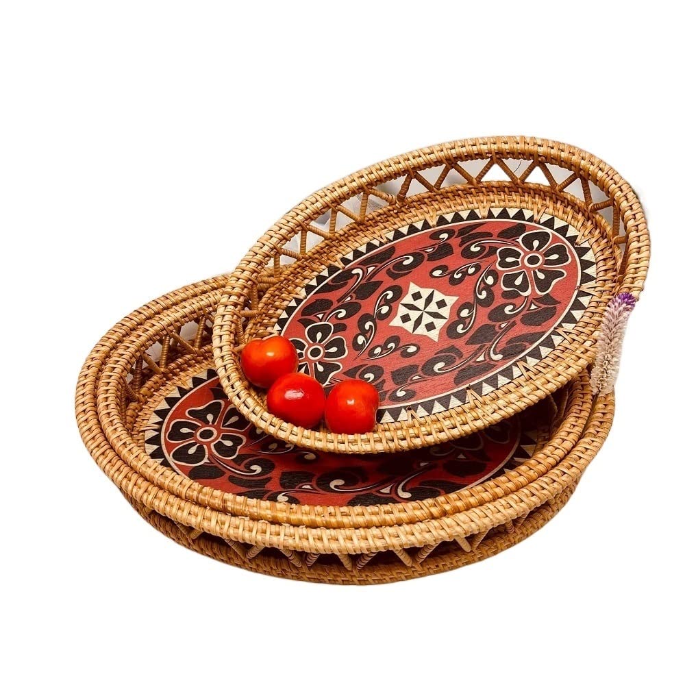 Basket Storage Box Kitchen 3pcs Rattan Creative Printing Circular Hollow Fruit Plate Table Top Snack Sundries Hotel Household Clothing