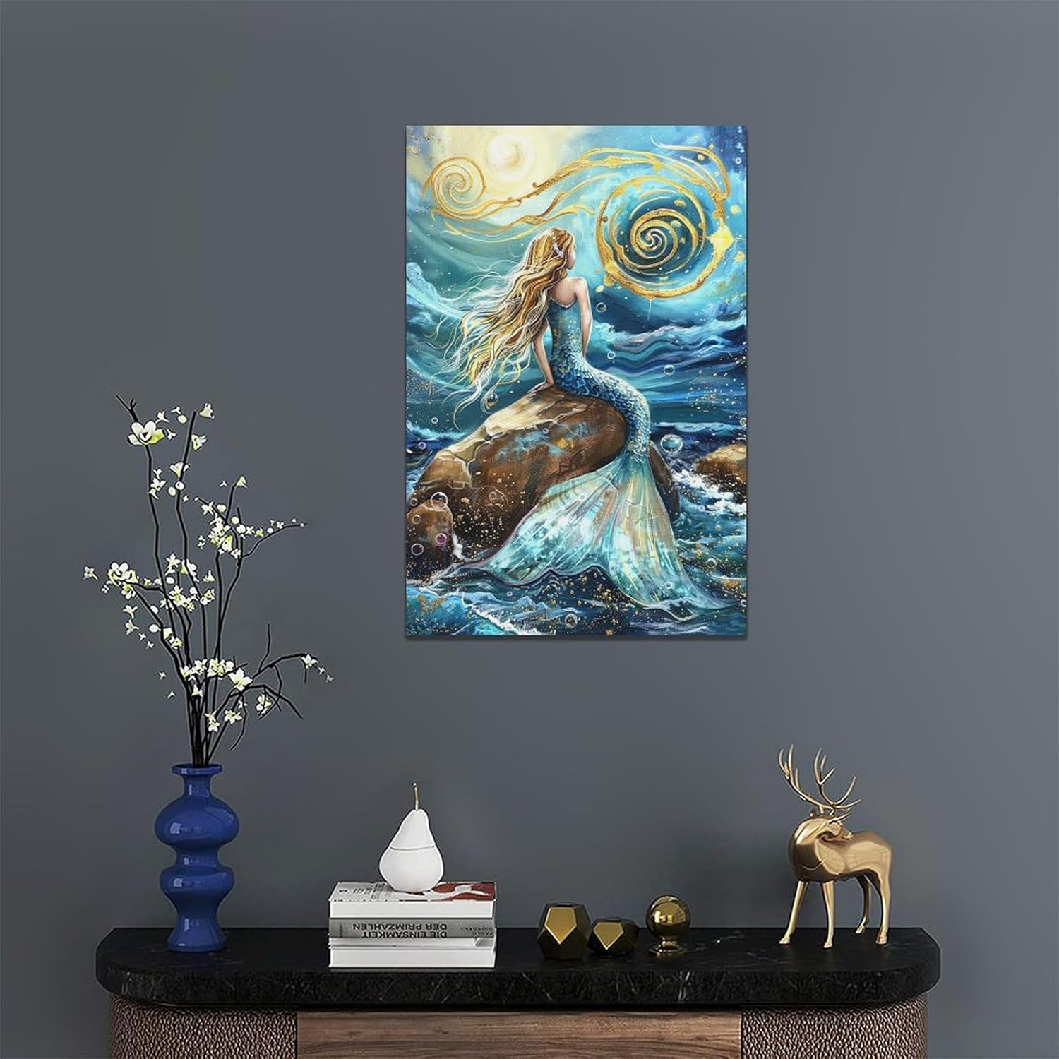 Quorin Mermaid Bathroom Wall Art Ocean Nautical Coastal Pictures Mermaid Wall Decor Golden Sun Canvas Print Painting Artwork for Bathroom Living Room Bedroom 16"x24"