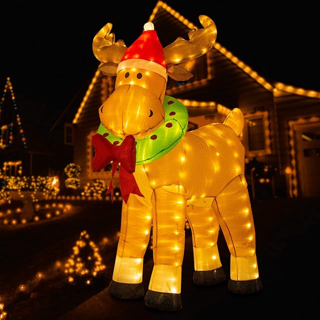 Eambrite 6FT Light up Inflatable Reindeer Christmas decorations Outdoor Mains Powered Blow up Reindeer Yard Decorations Waterproof for Front Door Garden Lawn Party