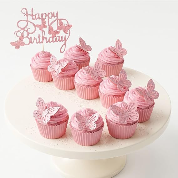 Nogeqi 13PCS Pink Happy Birthday Cake Topper with 3D Butterfly Cupcake Toppers, Giltter Pink Butterfly Cake Decorations for Women Girls Birthday Party Cakes Decorations