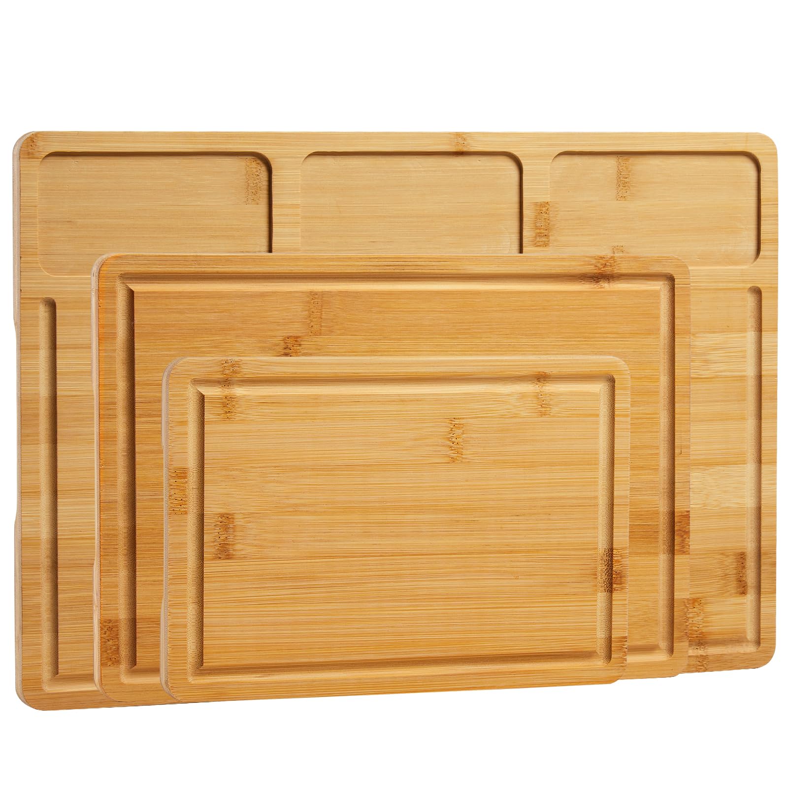 Garvee Set de 3 tablas de cortar de bambú natural para cocina – Con ranuras profundas, asas integradas y compartimentos – Resistentes, ideales para carne, verduras, frutas y queso – Perfectas para