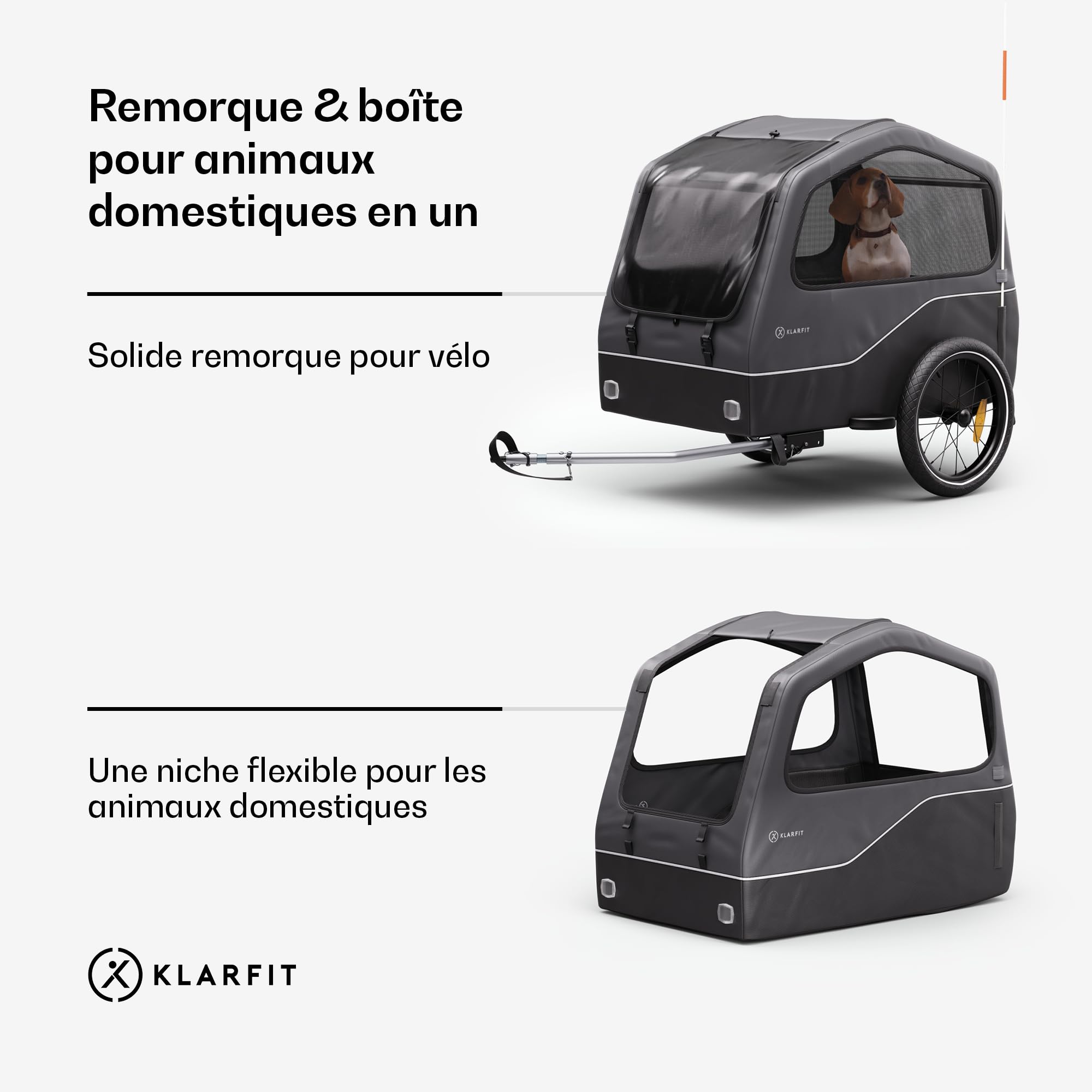 Klarfit Goldie Home remorque de vélo pour Chiens, Volume 334 L, imperméable, réflecteurs & Drapeau de sécurité, capacité de Charge 40 kg, Pliante, Roues de 16 Pouces, Noire